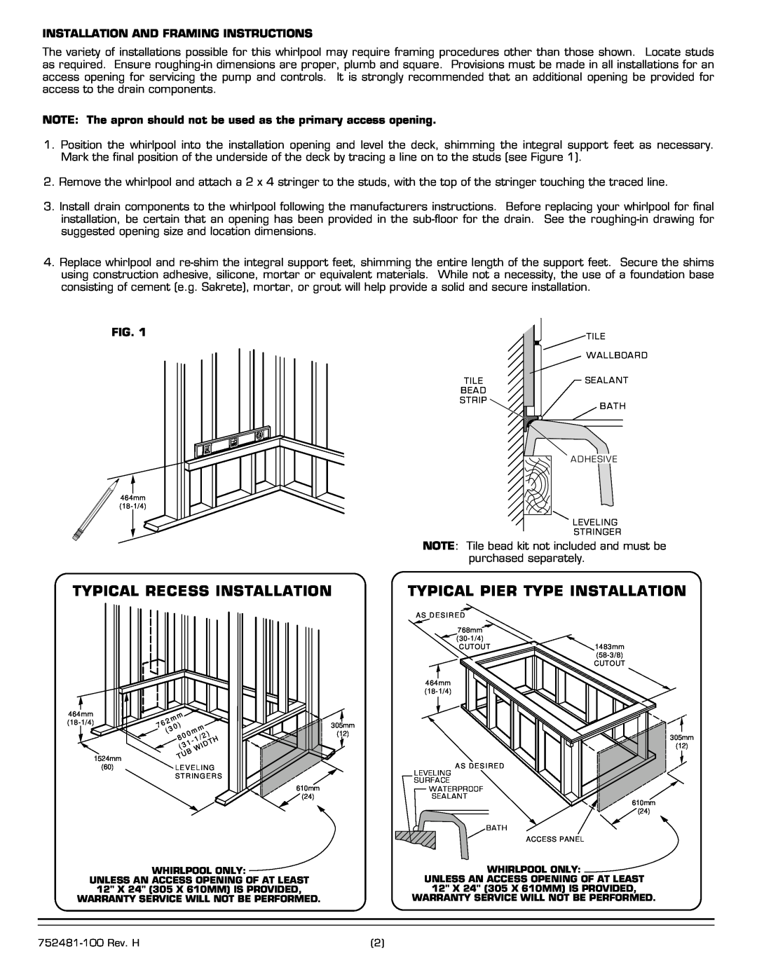 American Standard 2770.XXXW Series installation instructions Typical Recess Installation, Typical Pier Type Installation 
