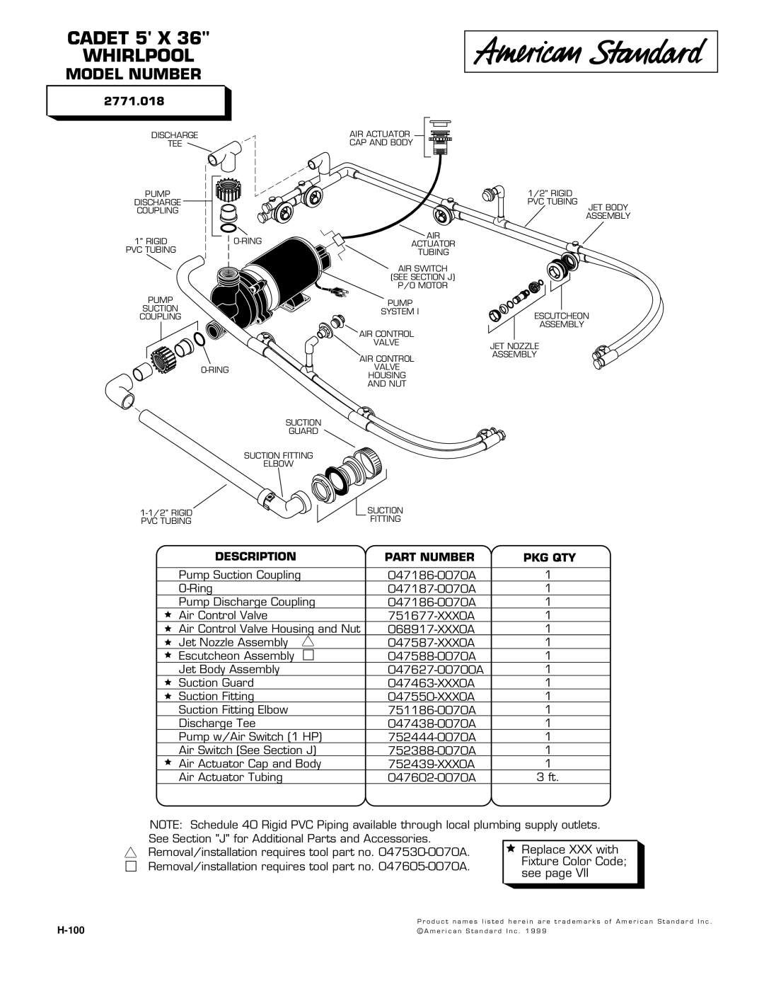 American Standard 2771.018 manual Whirlpool, Model Number, Description Part Number PKG QTY, 100 