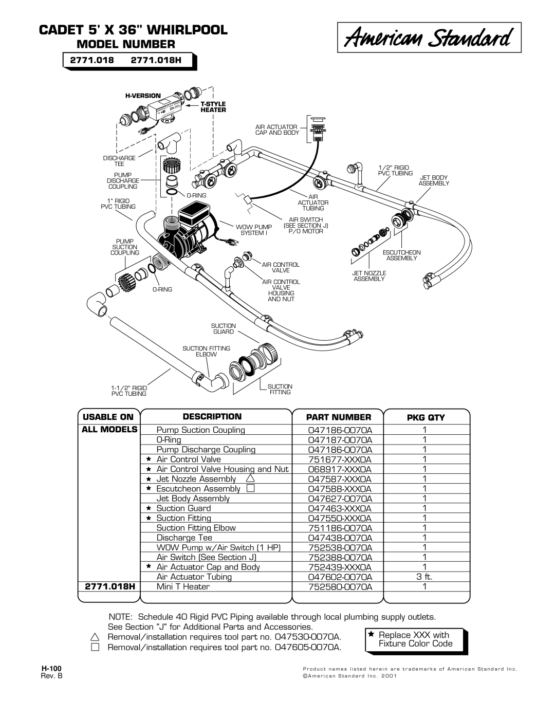 American Standard manual Cadet 5 X 36 Whirlpool, Model Number, 2771.018 2771.018H 