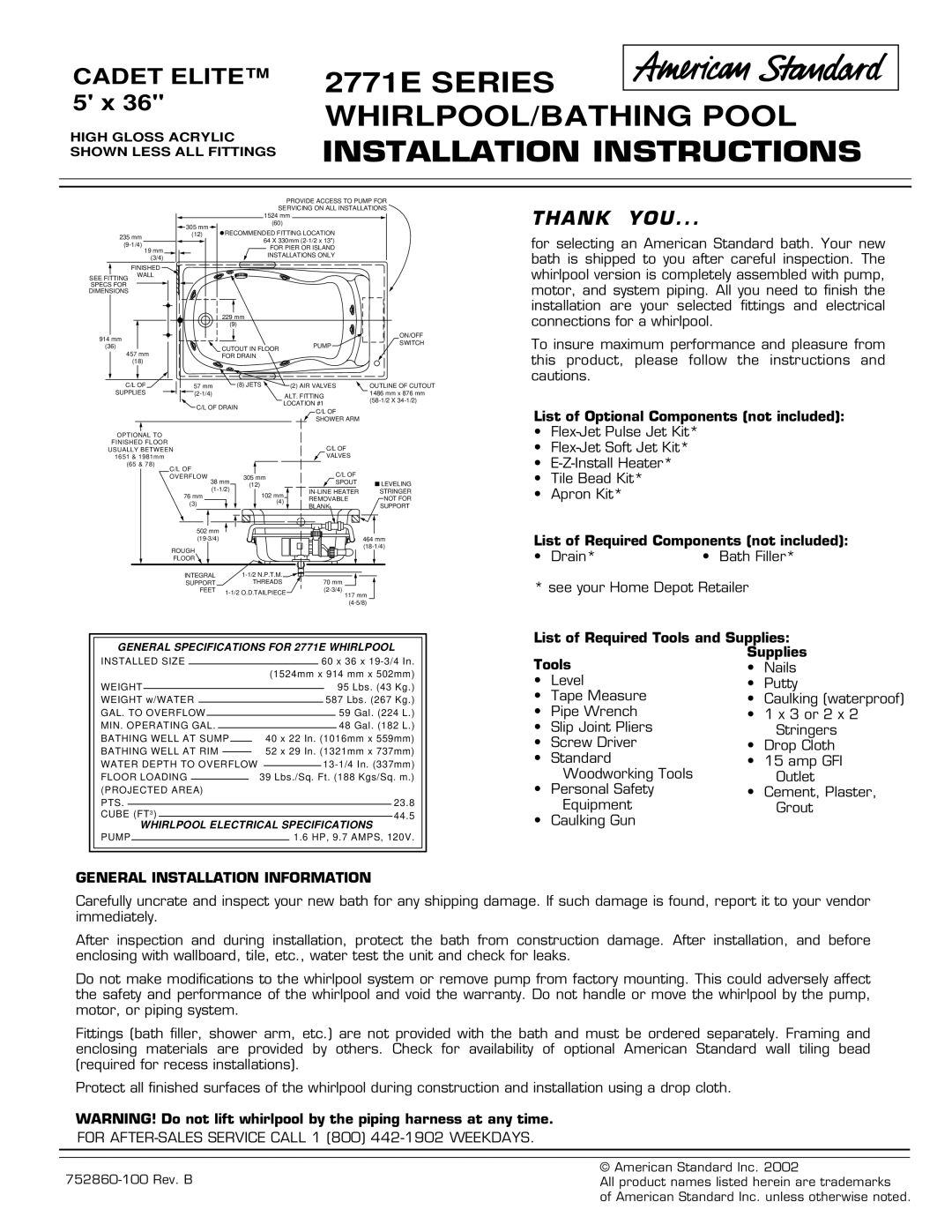 American Standard 2771E installation instructions Thank YOU, General Installation Information 