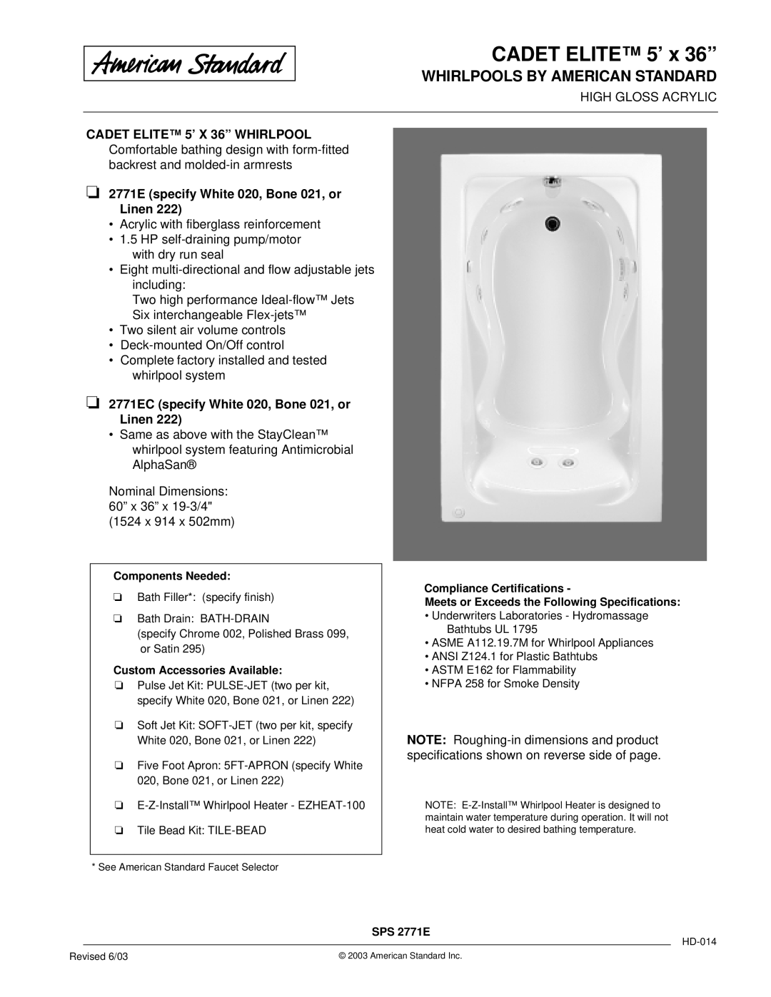 American Standard 2771EC dimensions Cadet Elite 5’ x, Whirlpools by American Standard 