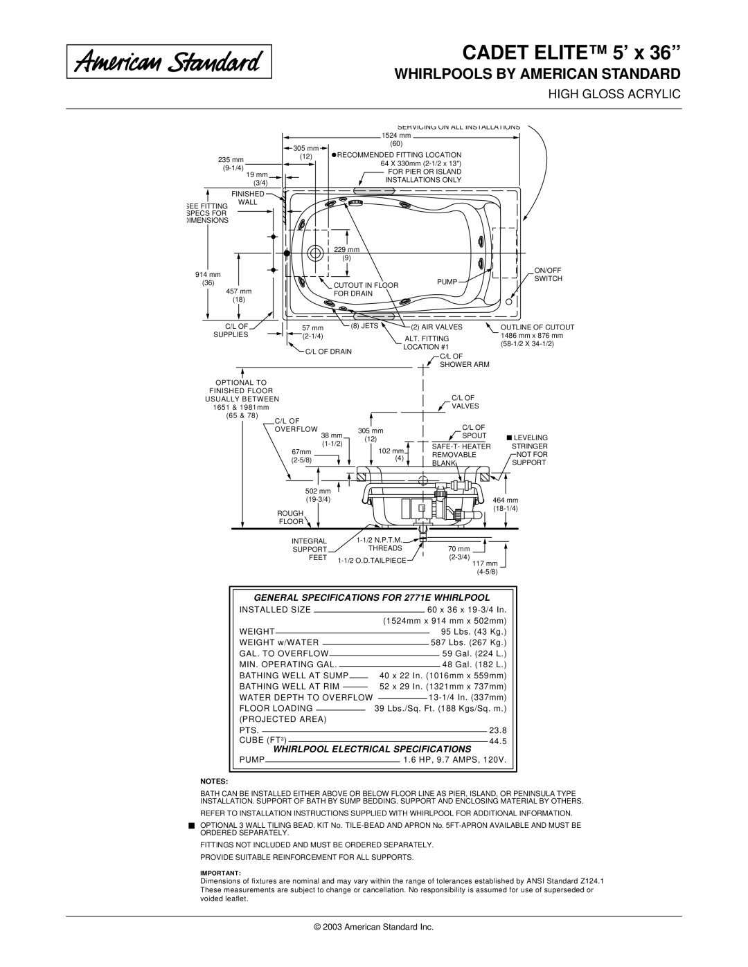 American Standard 2771EC dimensions Whirlpool Electrical Specifications, General Specifications for 2771E Whirlpool 