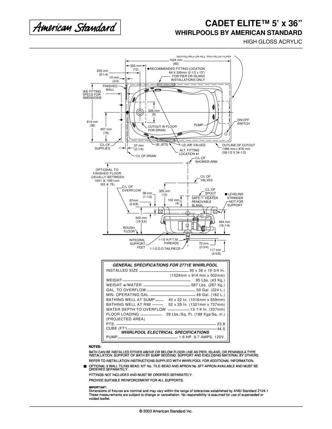 American Standard 2771EC CADET ELITE 5’ x 36”, Whirlpools By American Standard, Whirlpool Electrical Specifications 