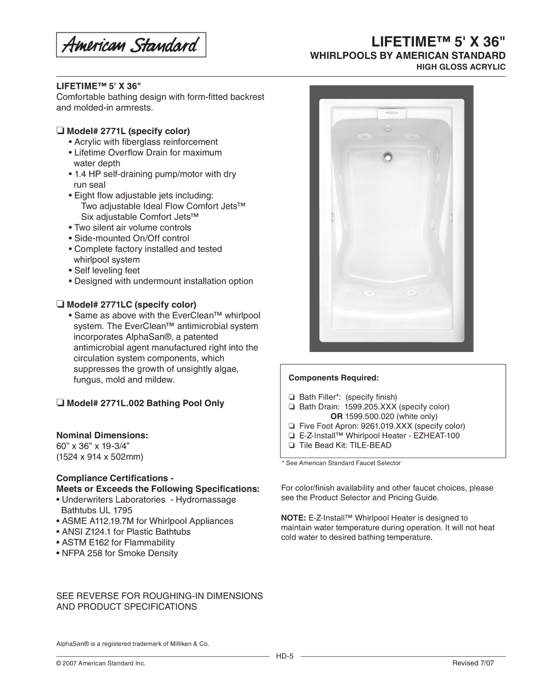 American Standard 2771L.002, 2771LC dimensions Lifetime 5 X, Whirlpools by American Standard 