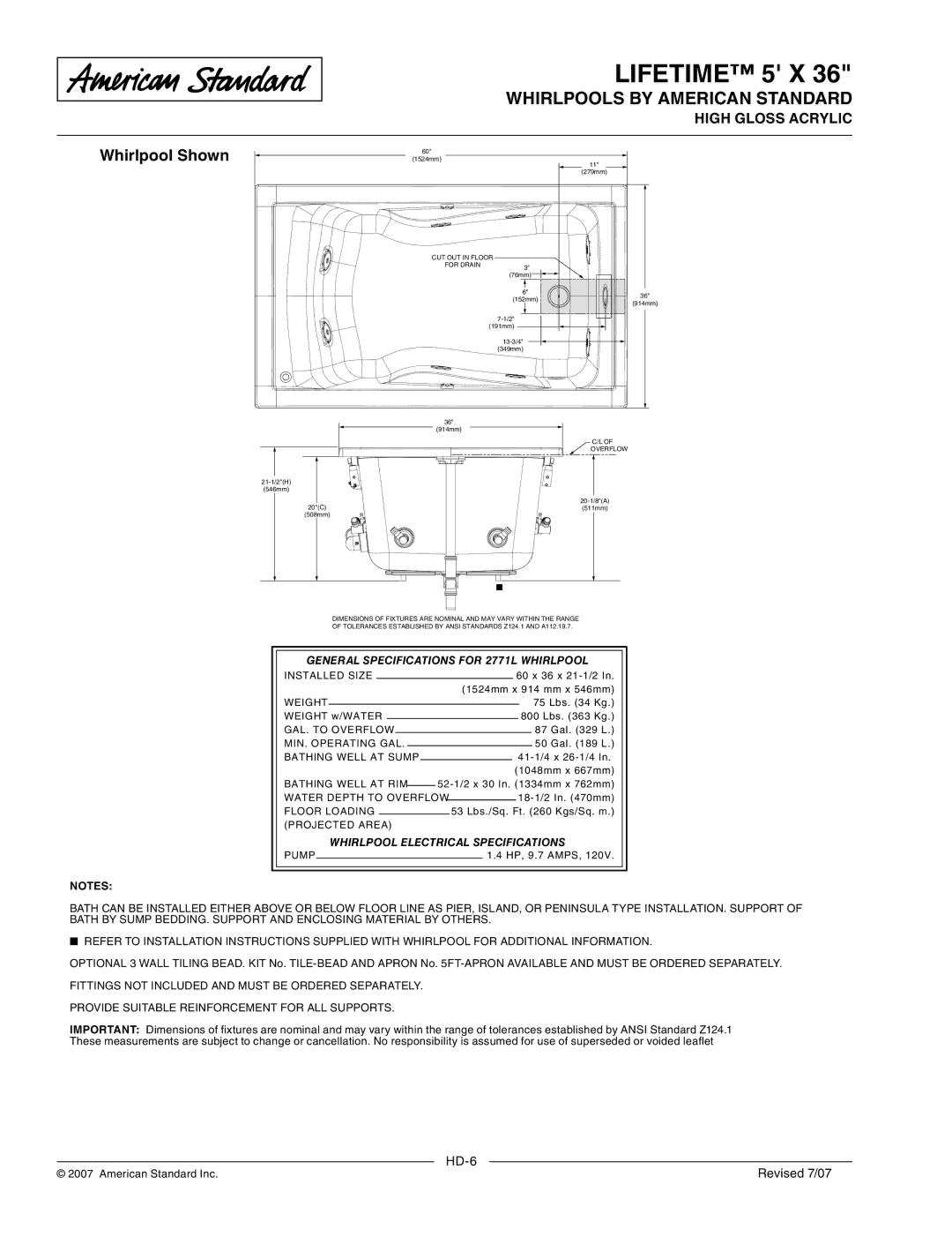 American Standard 2771LC Whirlpool Shown, General Specifications for 2771L Whirlpool, Whirlpool Electrical Specifications 