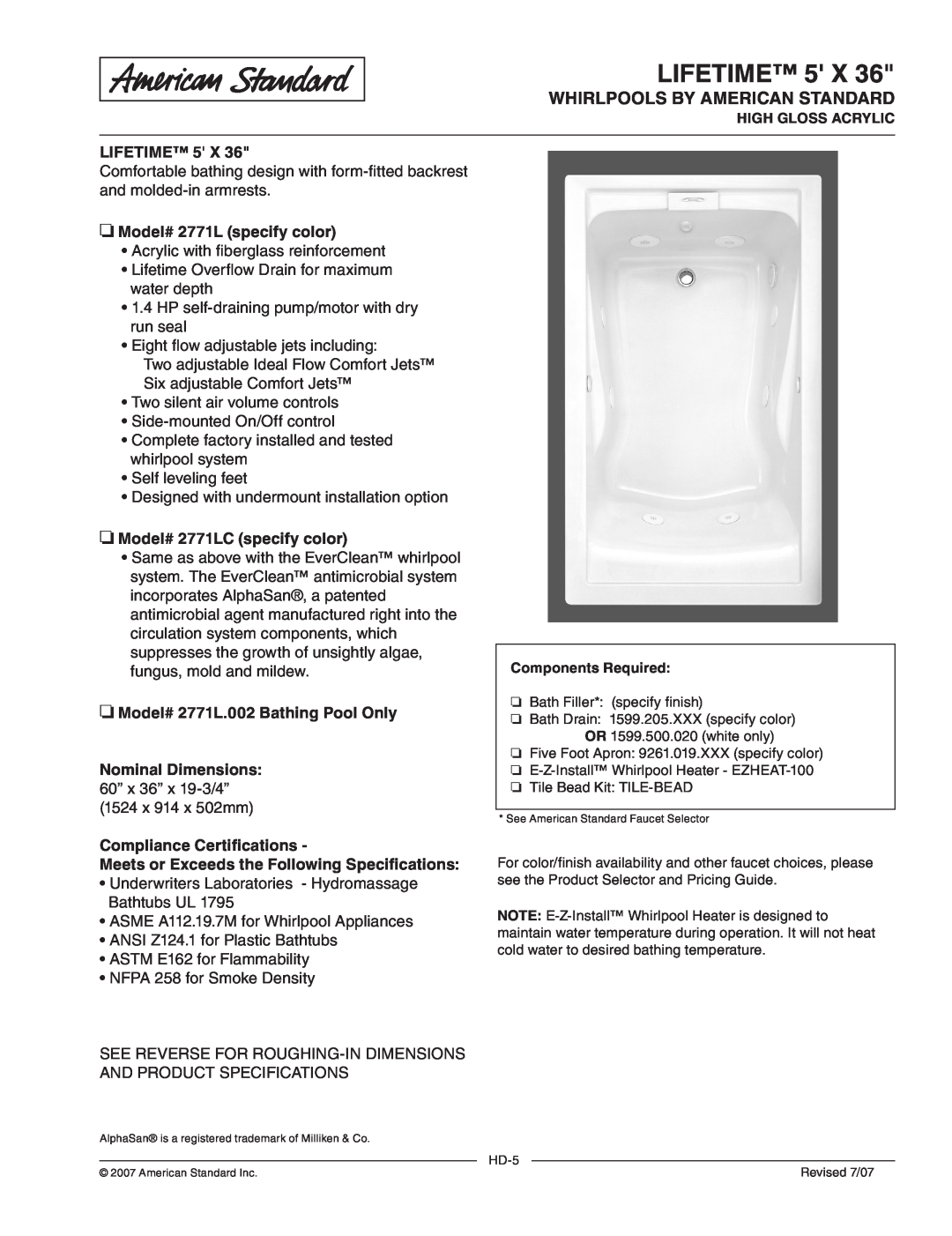 American Standard 2771L.002, 2771LC dimensions Lifetime, Whirlpools By American Standard, Model# 2771L specify color 