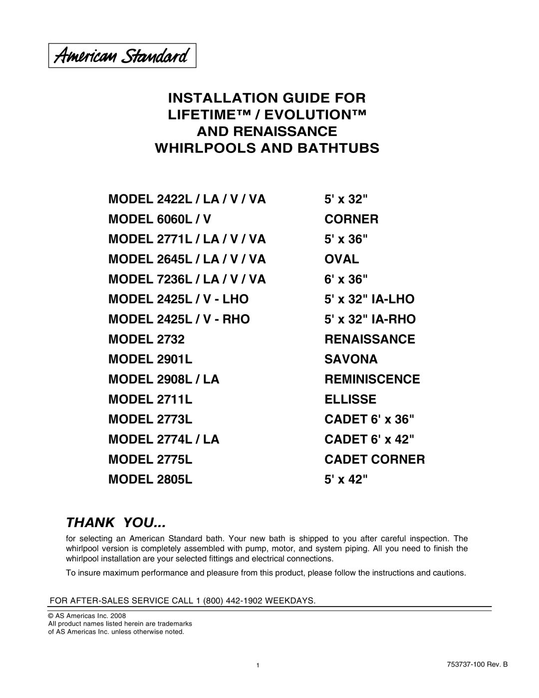 American Standard 2771VA manual Thank YOU 