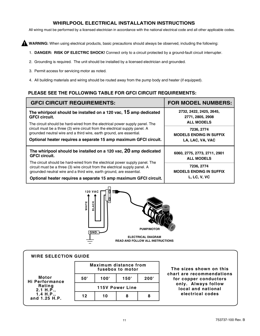 American Standard 2771VA manual Whirlpool Electrical Installation Instructions, Wire Selection Guide 