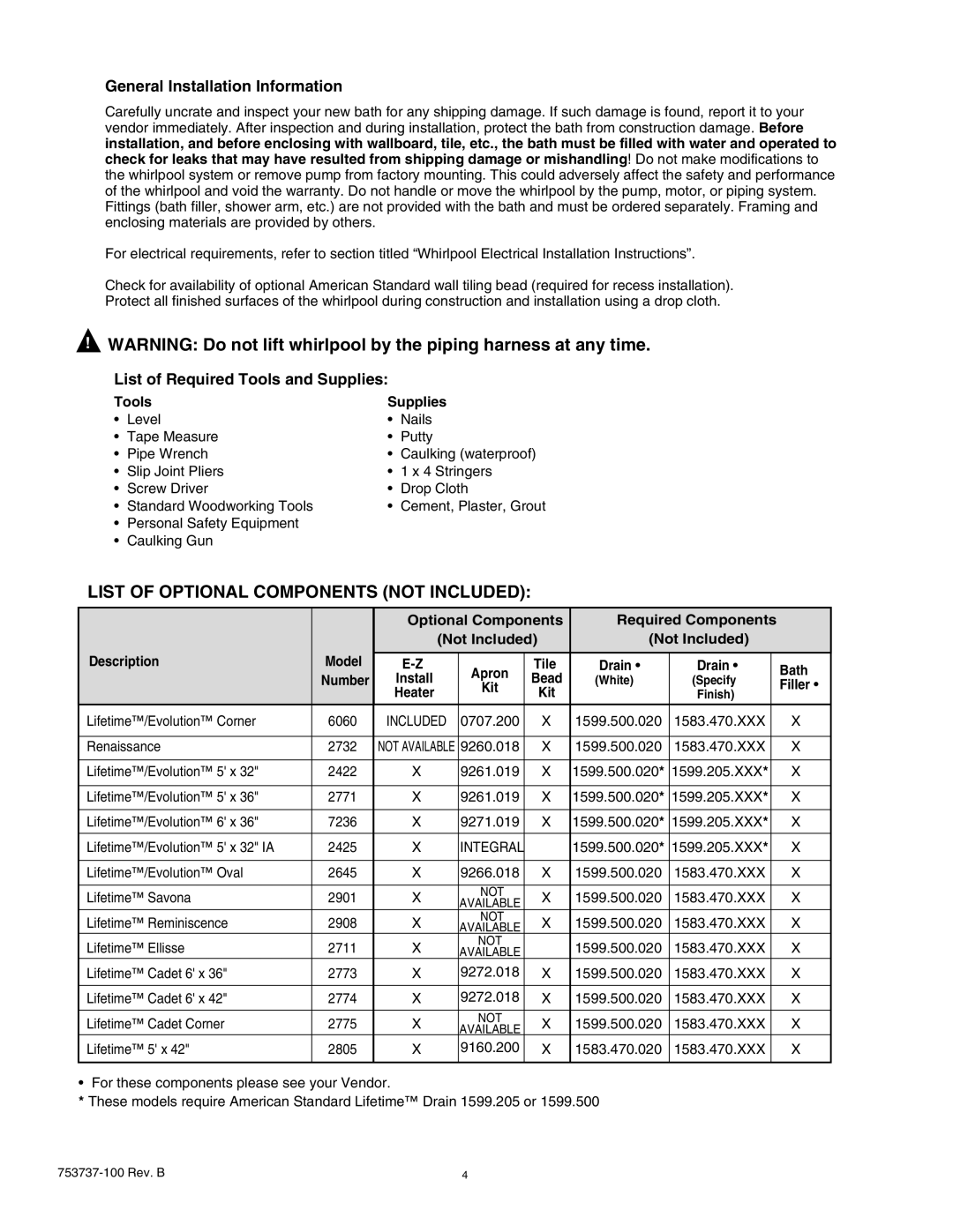 American Standard 2771VA manual Bead White Specify, Finish, Model Apron Tile, Number Install, Heater 