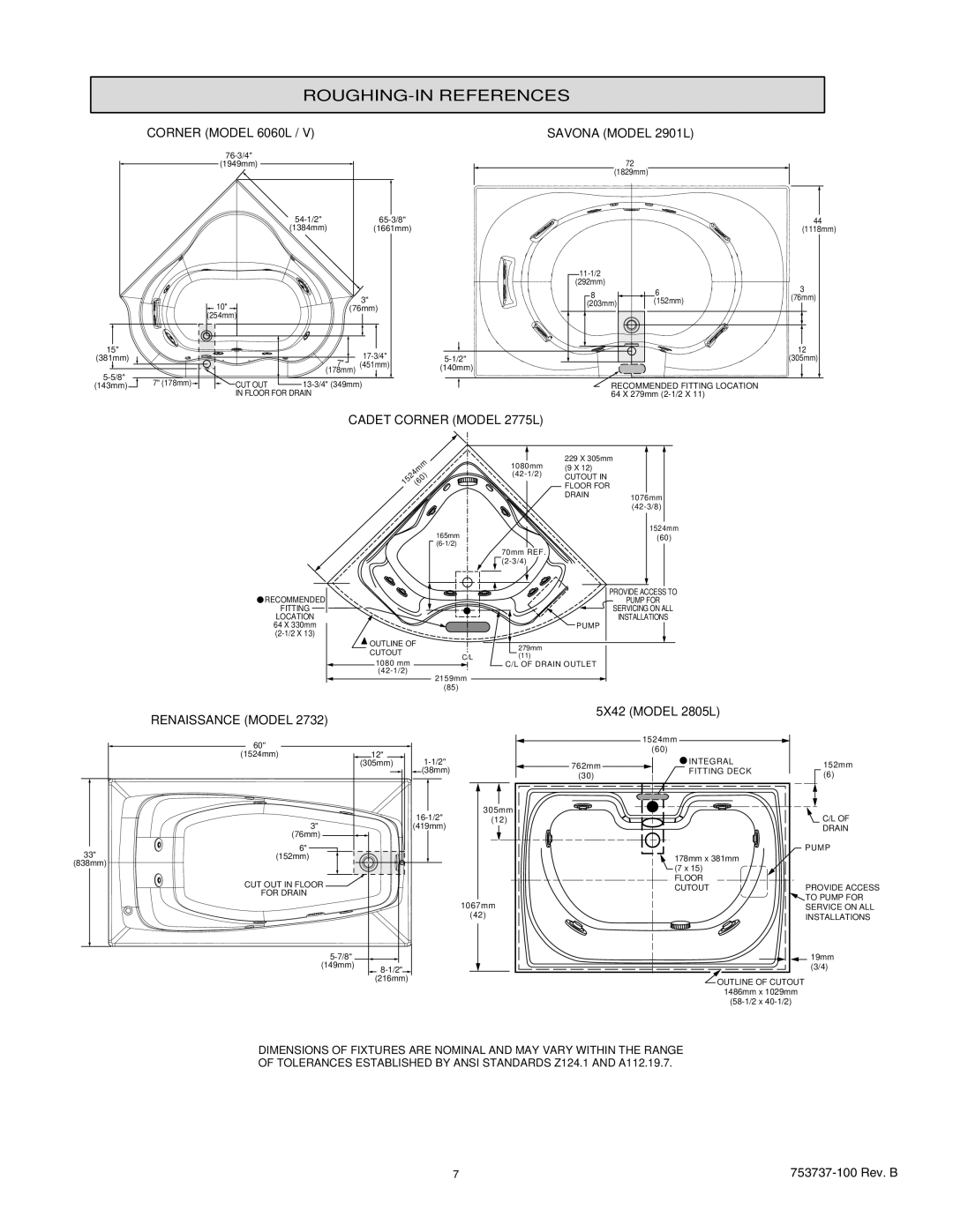 American Standard 2771VA manual Corner Model 6060L, Savona Model 2901L, Cadet Corner Model 2775L, Renaissance Model 