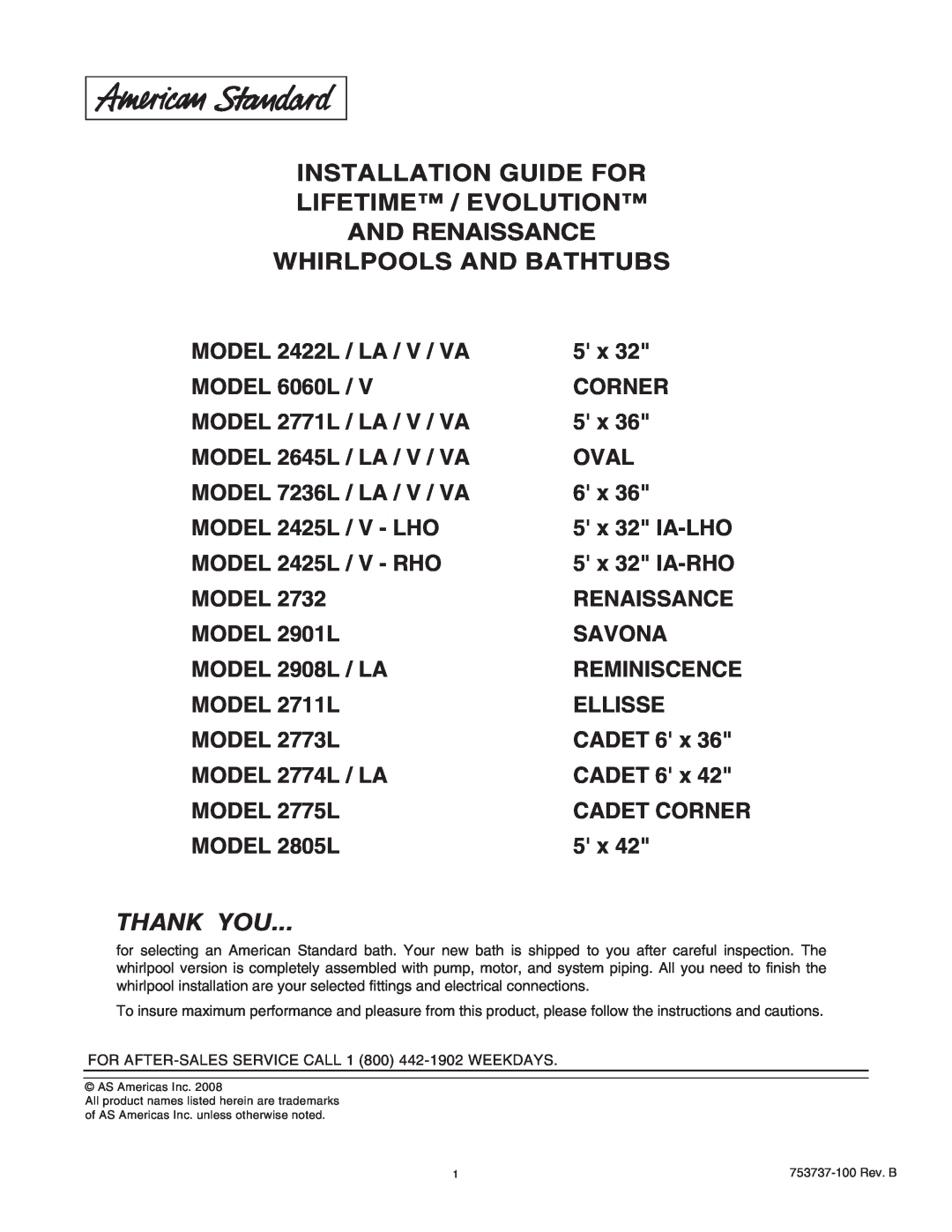 American Standard 2771VA manual Installation Guide For Lifetime / Evolution And Renaissance, Whirlpools And Bathtubs 