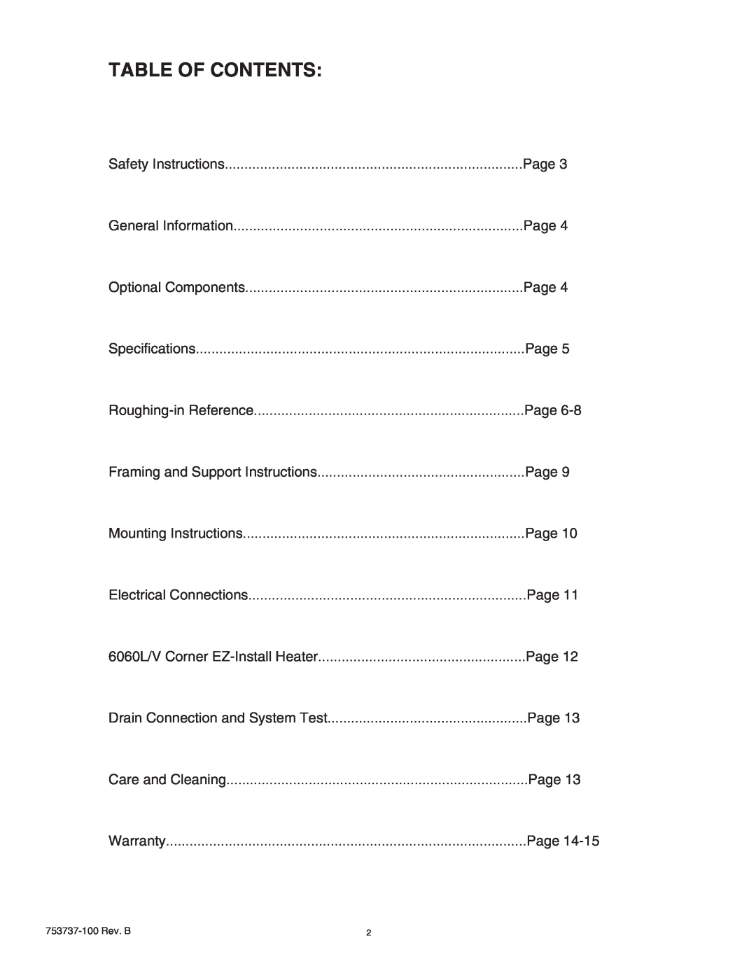 American Standard 2771VA manual Table Of Contents 
