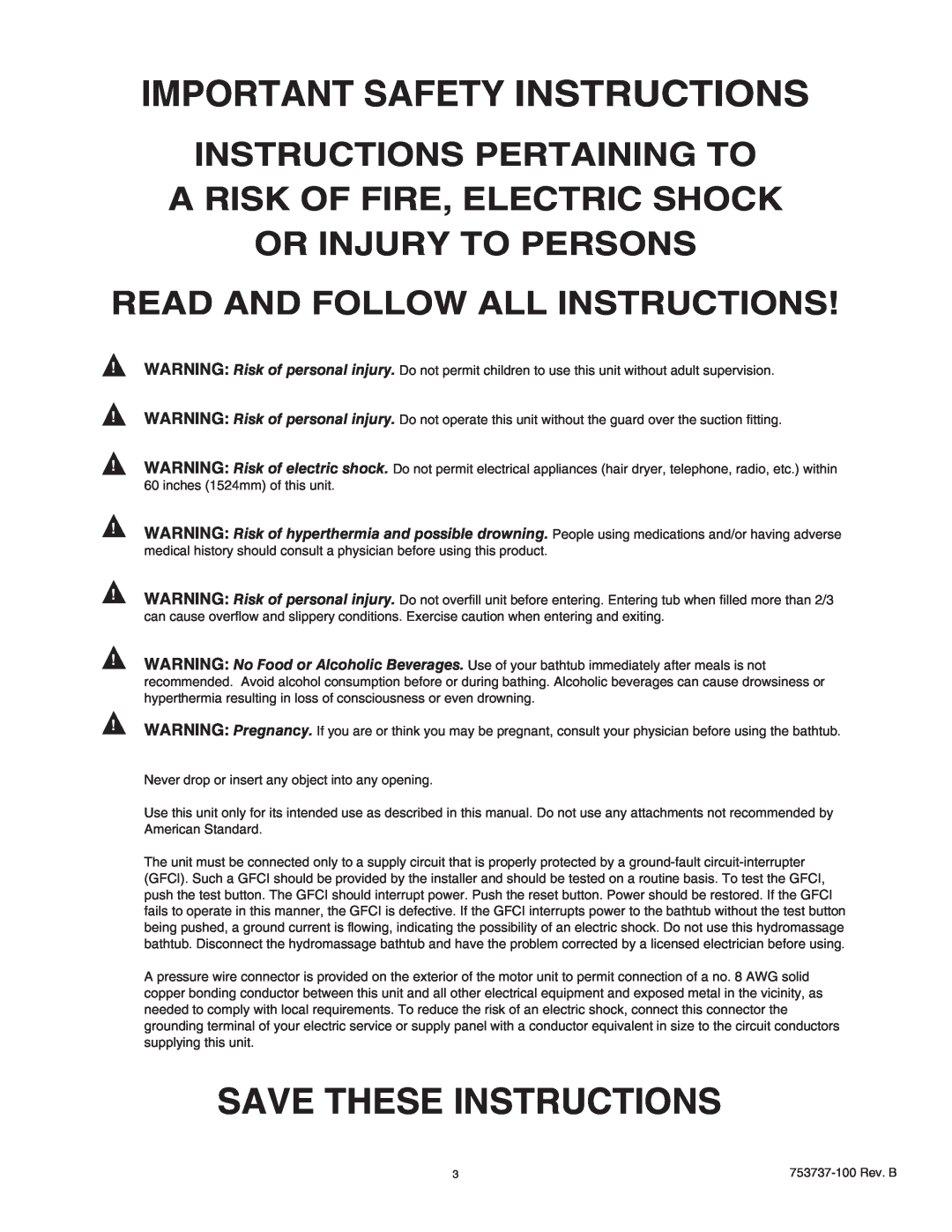 American Standard 2771VA manual Important Safety Instructions, Save These Instructions, Read And Follow All Instructions 