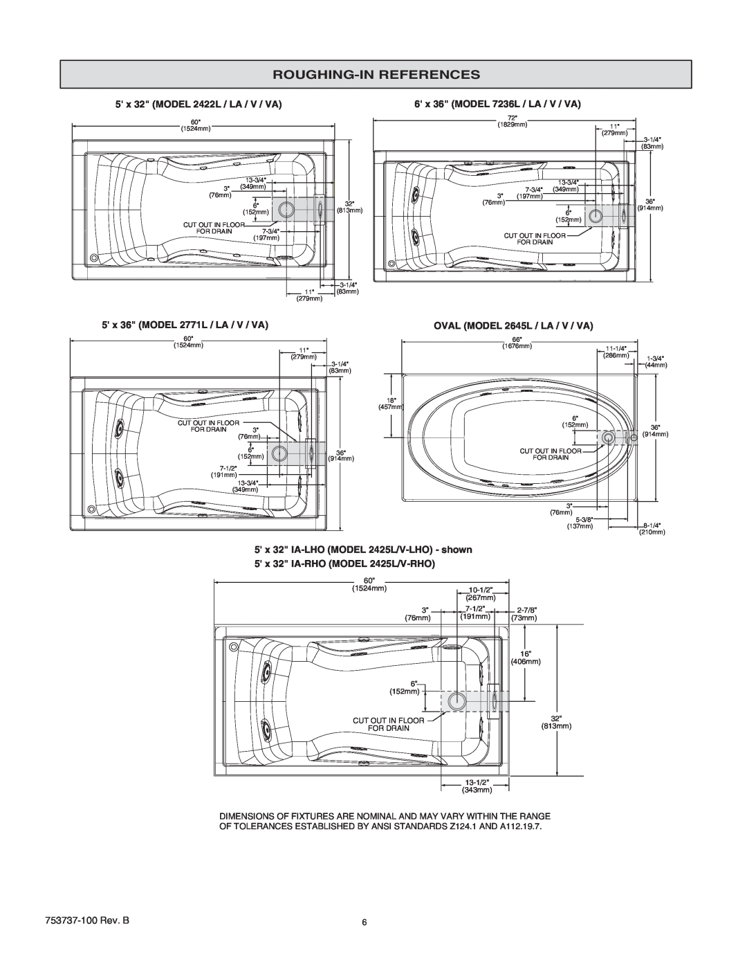 American Standard 2771VA manual Roughing-In References, 5 x 32 MODEL 2422L / LA / V / VA, 6 x 36 MODEL 7236L / LA / V / VA 