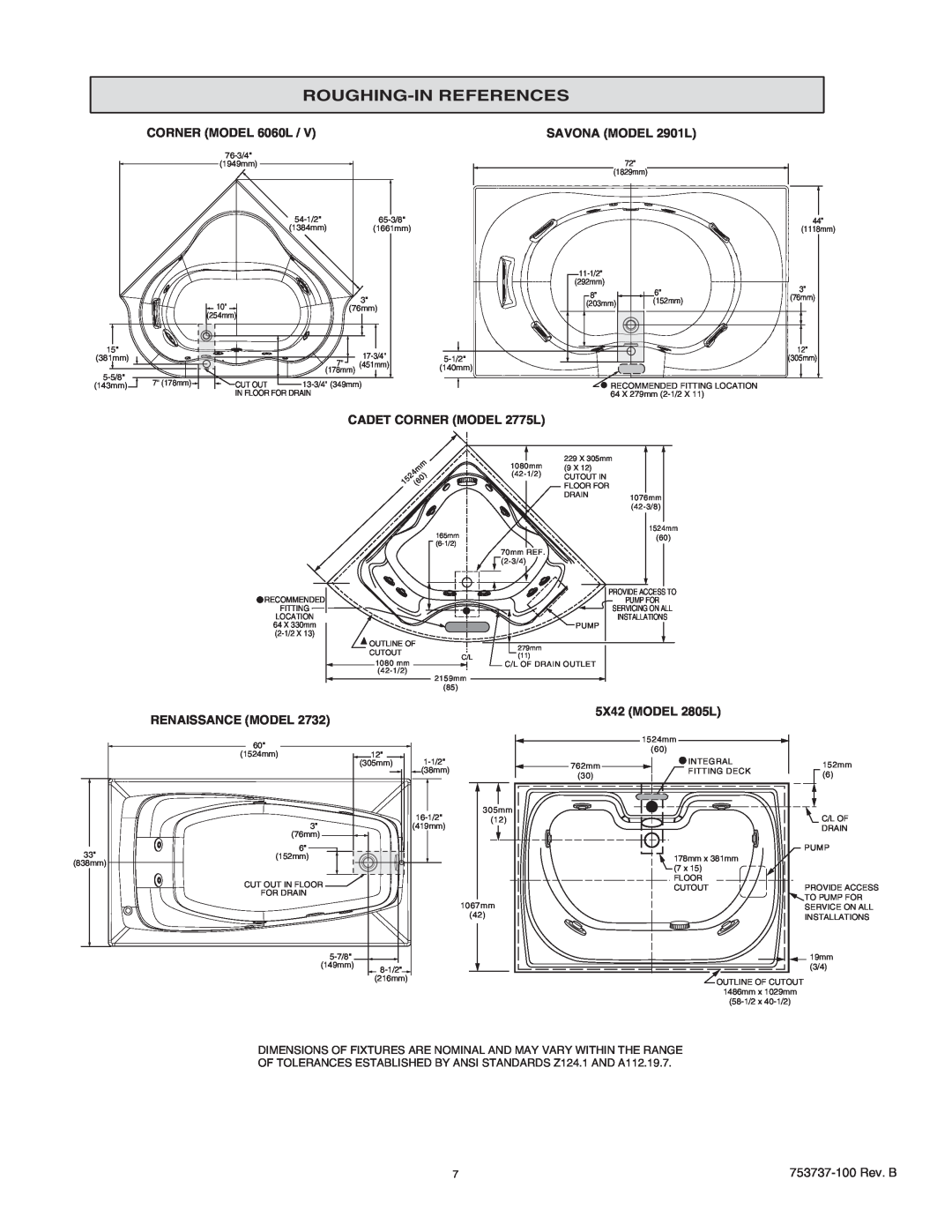 American Standard 2771VA manual CORNER MODEL 6060L, SAVONA MODEL 2901L, CADET CORNER MODEL 2775L, Renaissance Model 