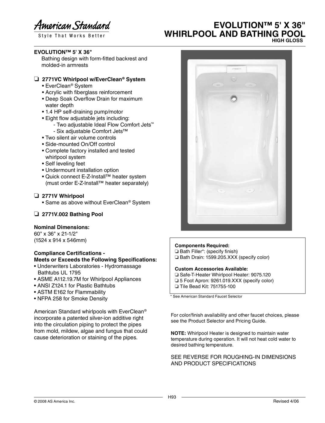 American Standard 2771V.002 dimensions Evolution 5 X Whirlpool and Bathing Pool, 2771VC Whirlpool w/EverClean System 