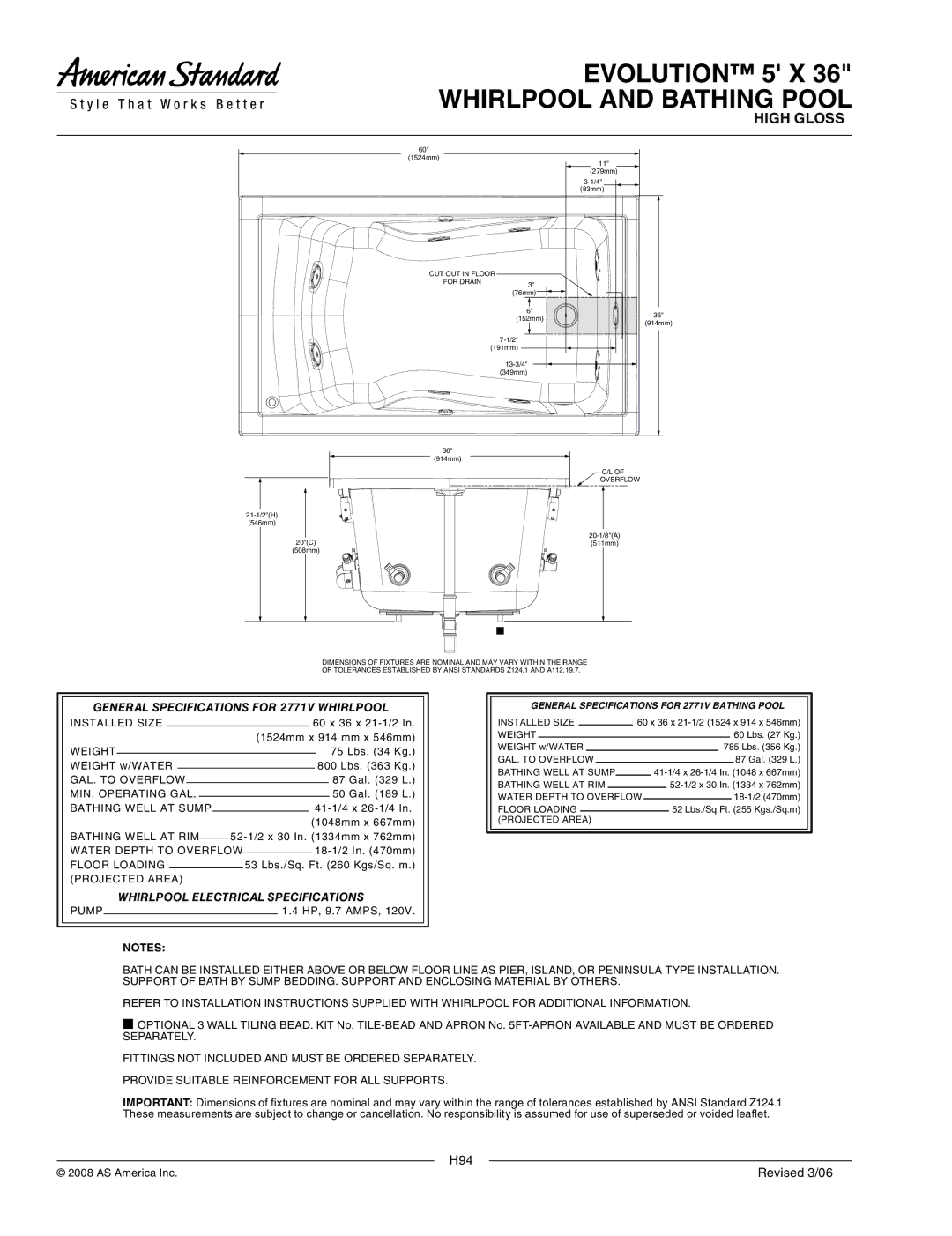 American Standard 2771VC, 2771V.002 General Specifications for 2771V Whirlpool, Whirlpool Electrical Specifications 