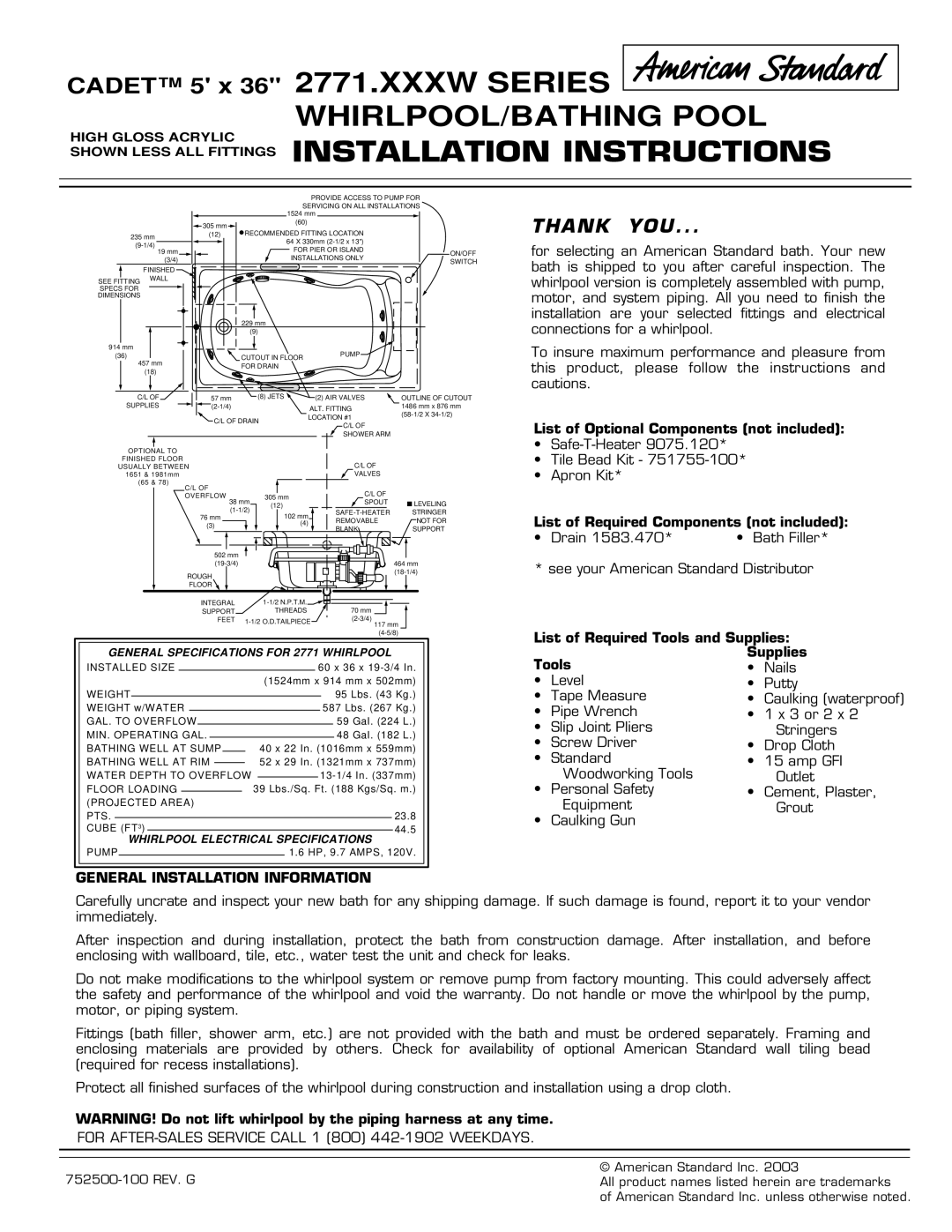 American Standard 2771.XXXW Series installation instructions General Installation Information, Provide Access to Pump for 