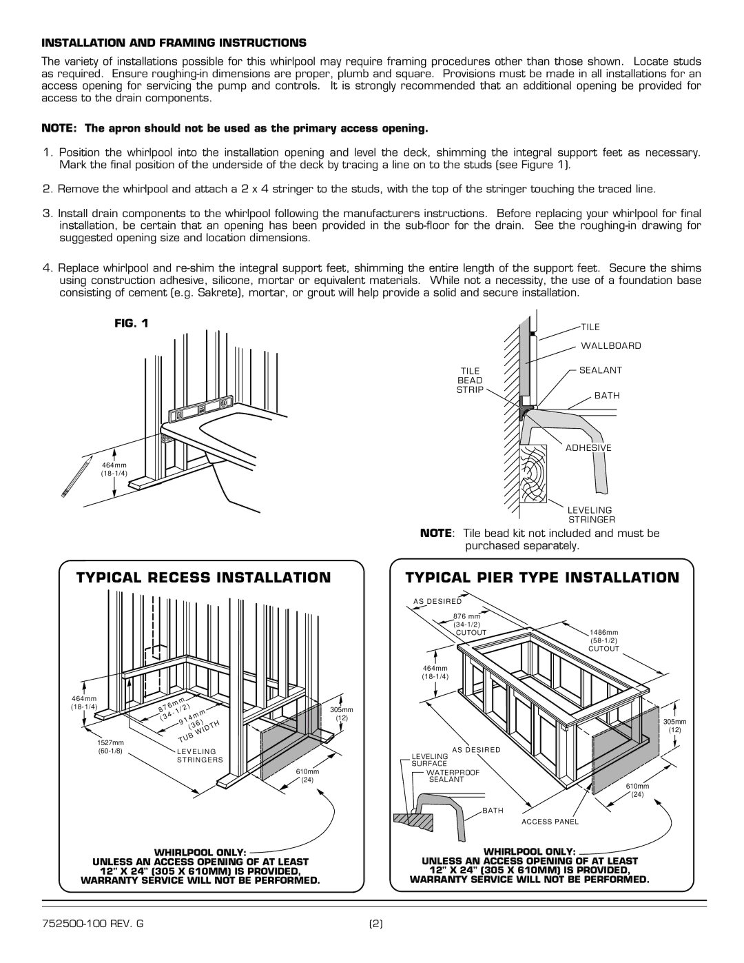 American Standard 2771.XXXW Series Typical Recess Installation, Installation and Framing Instructions 