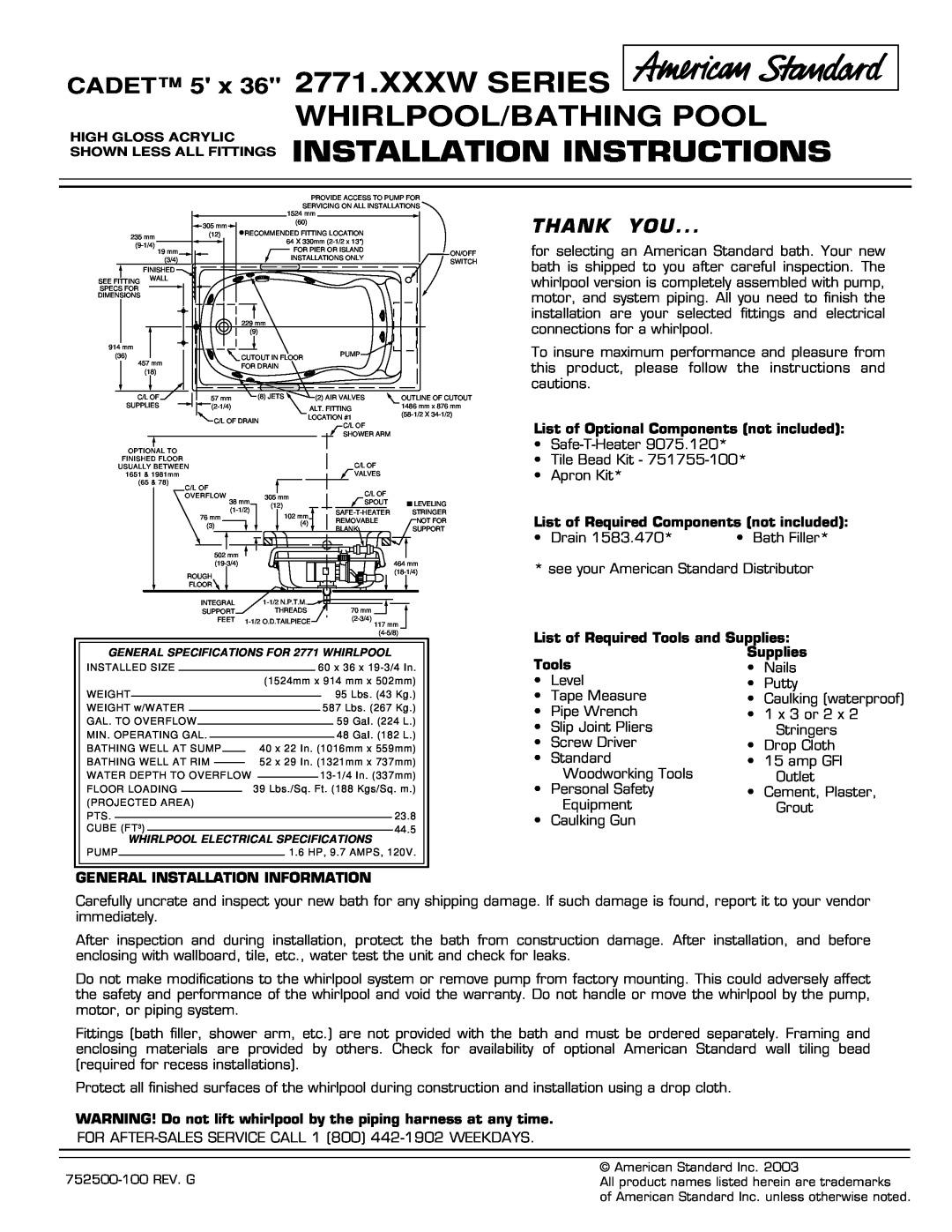 American Standard 2771.XXXW Series installation instructions Xxxw Series Whirlpool/Bathing Pool, Installation Instructions 