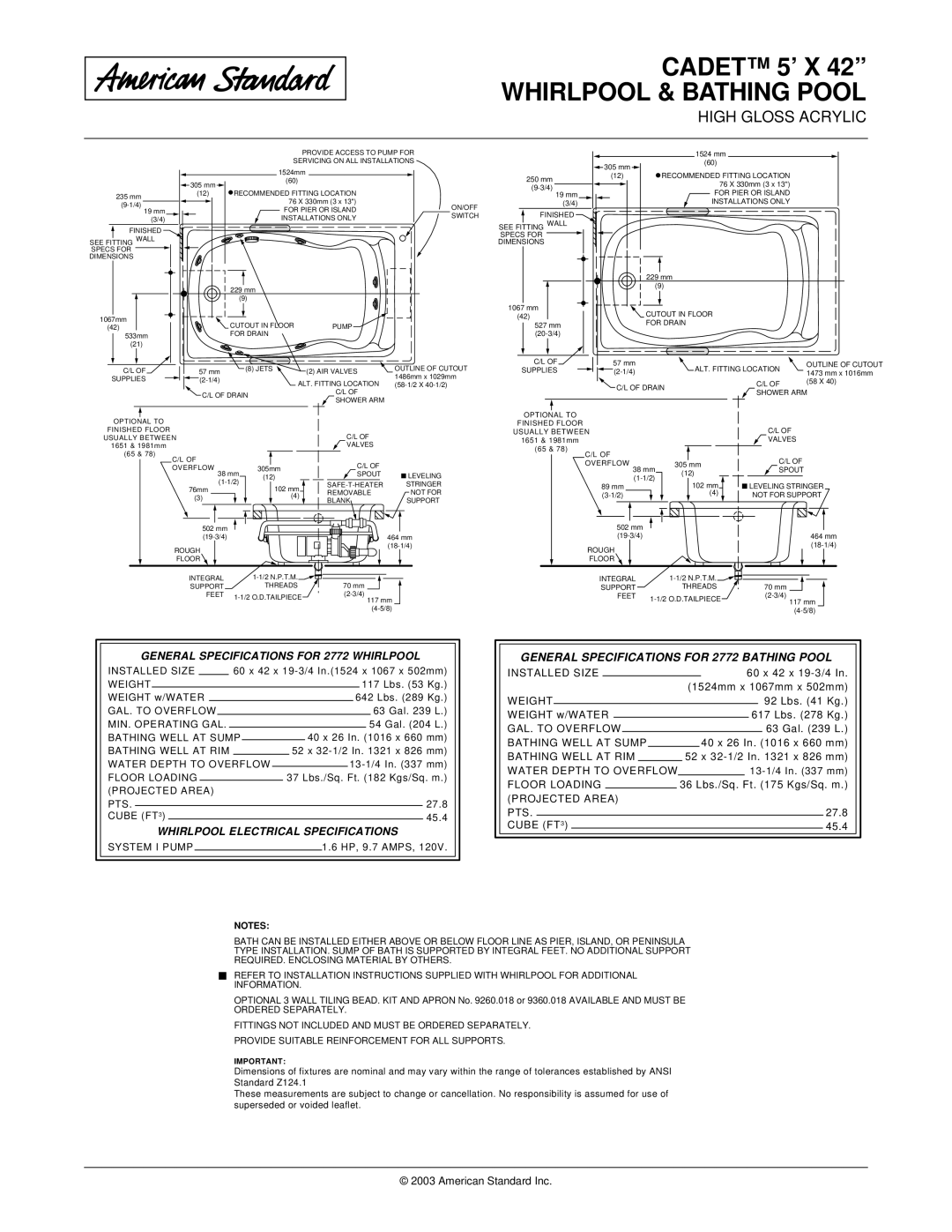 American Standard 2772.002 General Specifications for 2772 Bathing Pool, General Specifications for 2772 Whirlpool 