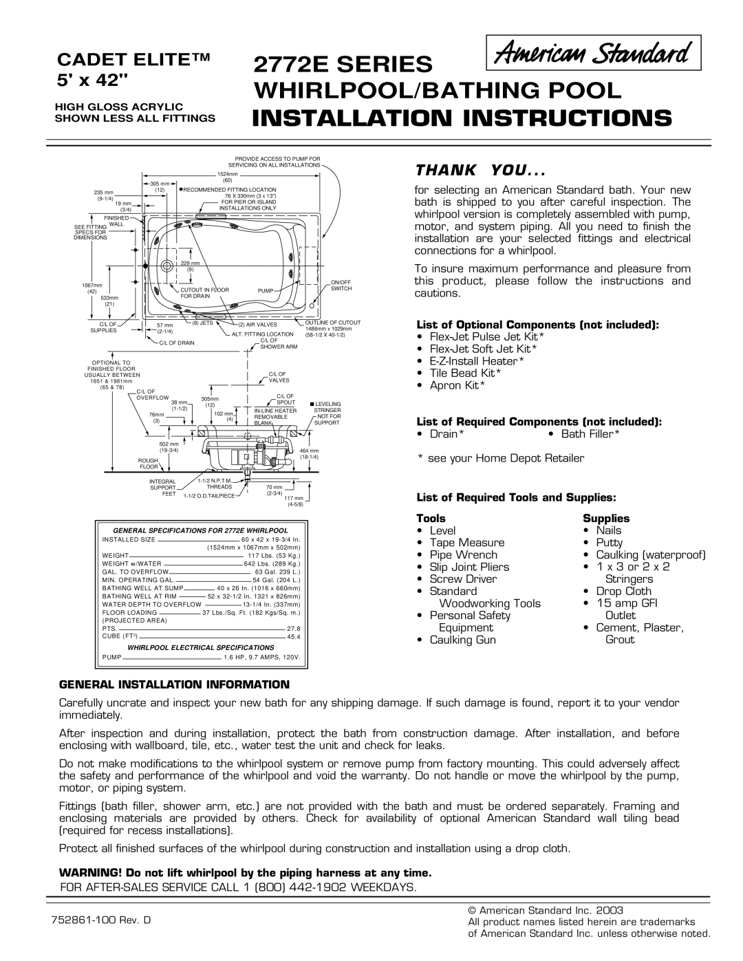 American Standard 2772E SERIES installation instructions Thank YOU, General Installation Information 