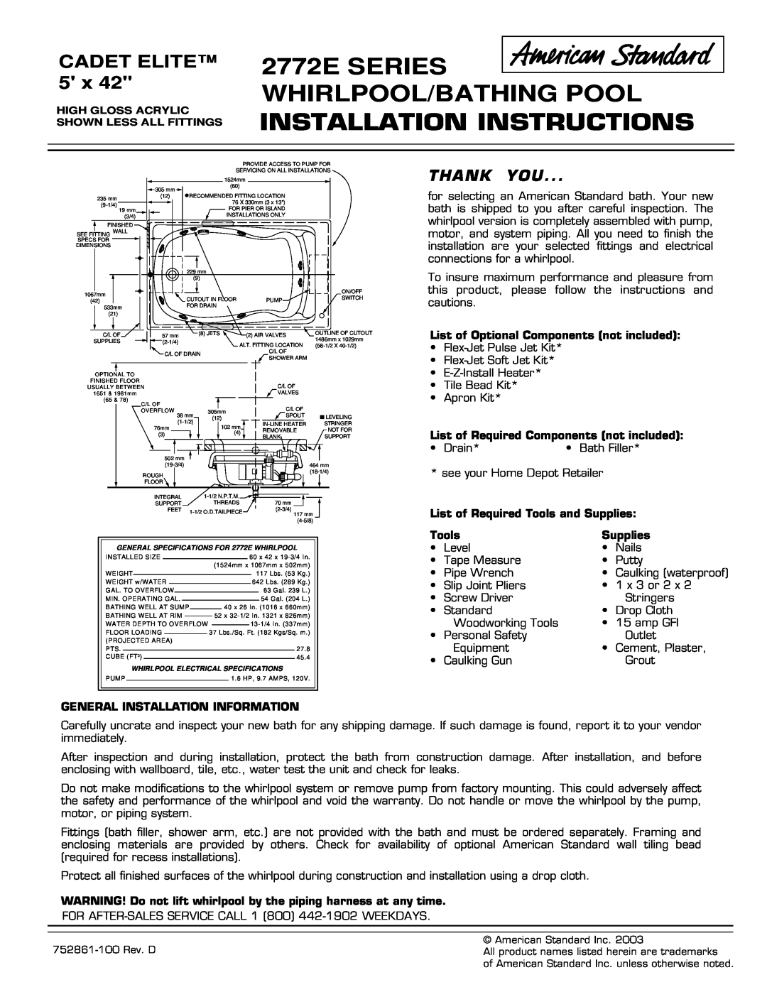 American Standard installation instructions 2772E SERIES WHIRLPOOL/BATHING POOL, Installation Instructions, Cadet Elite 
