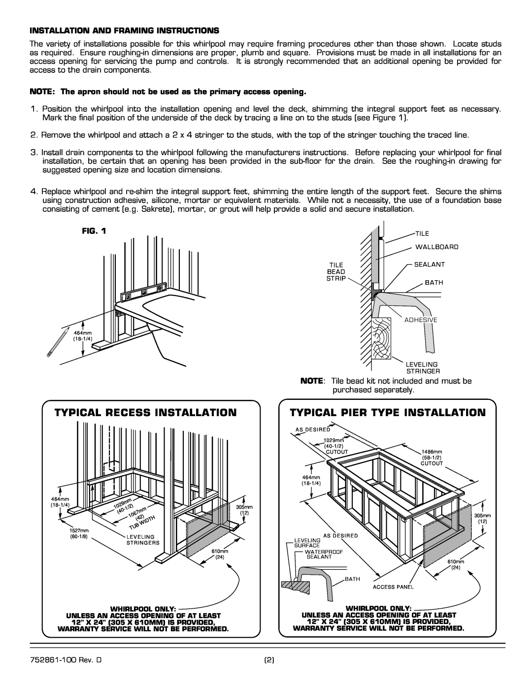 American Standard 2772E SERIES installation instructions Typical Recess Installation, Typical Pier Type Installation 