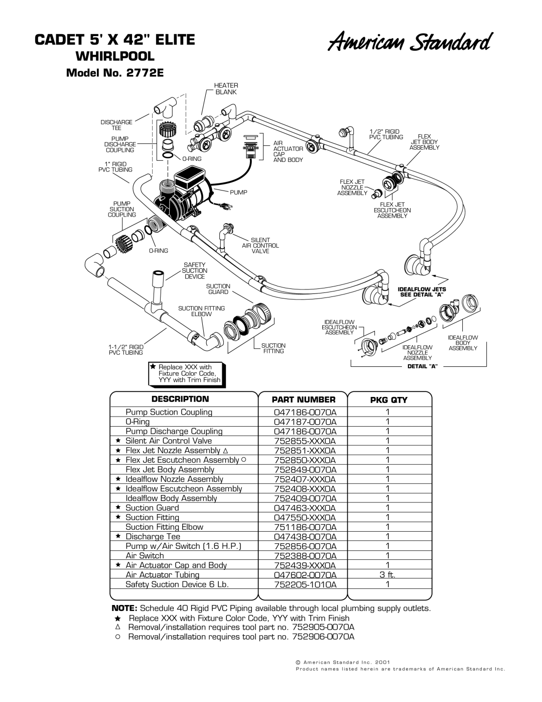 American Standard 2772E manual Cadet 5 X 42 Elite, Whirlpool, Model No E, Description Part Number PKG QTY 