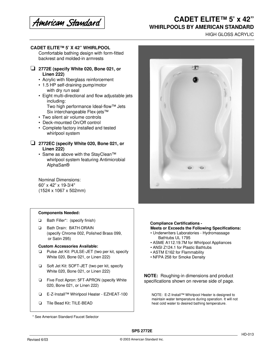 American Standard 2772EC dimensions Cadet Elite 5’ x, Whirlpools by American Standard 