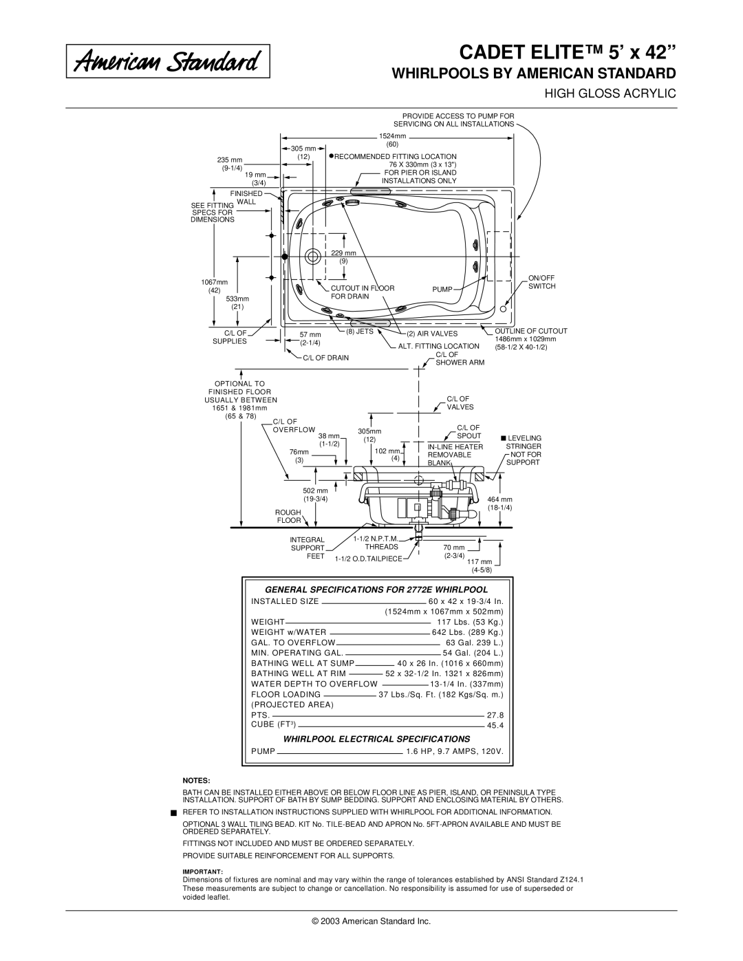 American Standard 2772EC dimensions General Specifications for 2772E Whirlpool, Whirlpool Electrical Specifications 