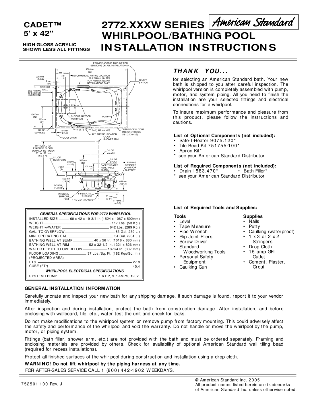 American Standard 2772.XXXW installation instructions Thank YOU, General Installation Information 