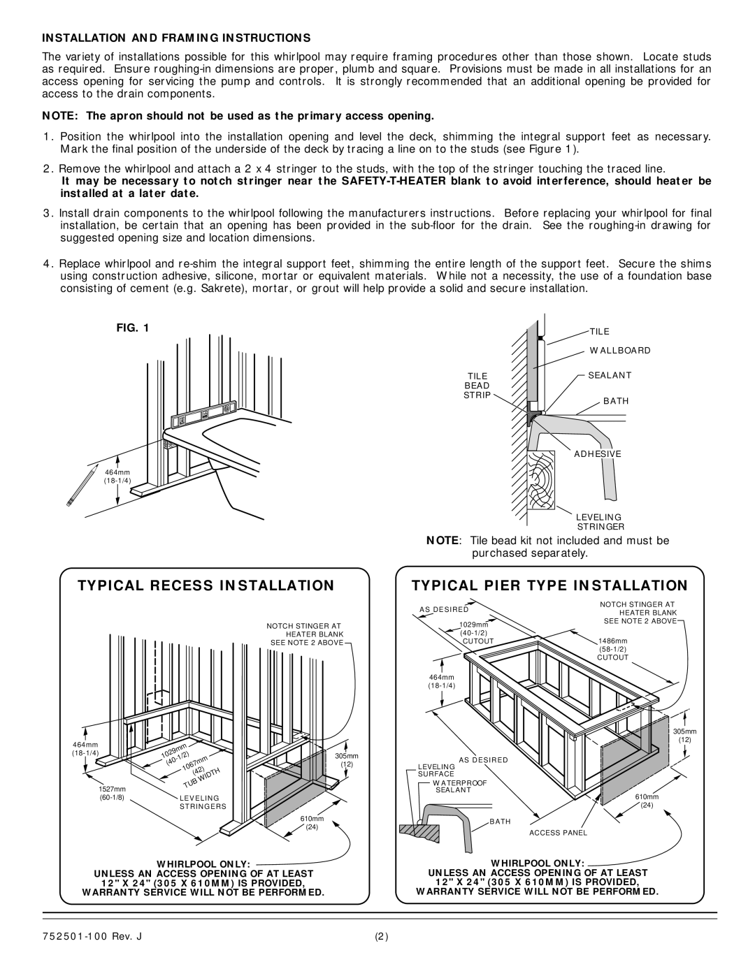 American Standard 2772.XXXW installation instructions Typical Recess Installation Typical Pier Type Installation 