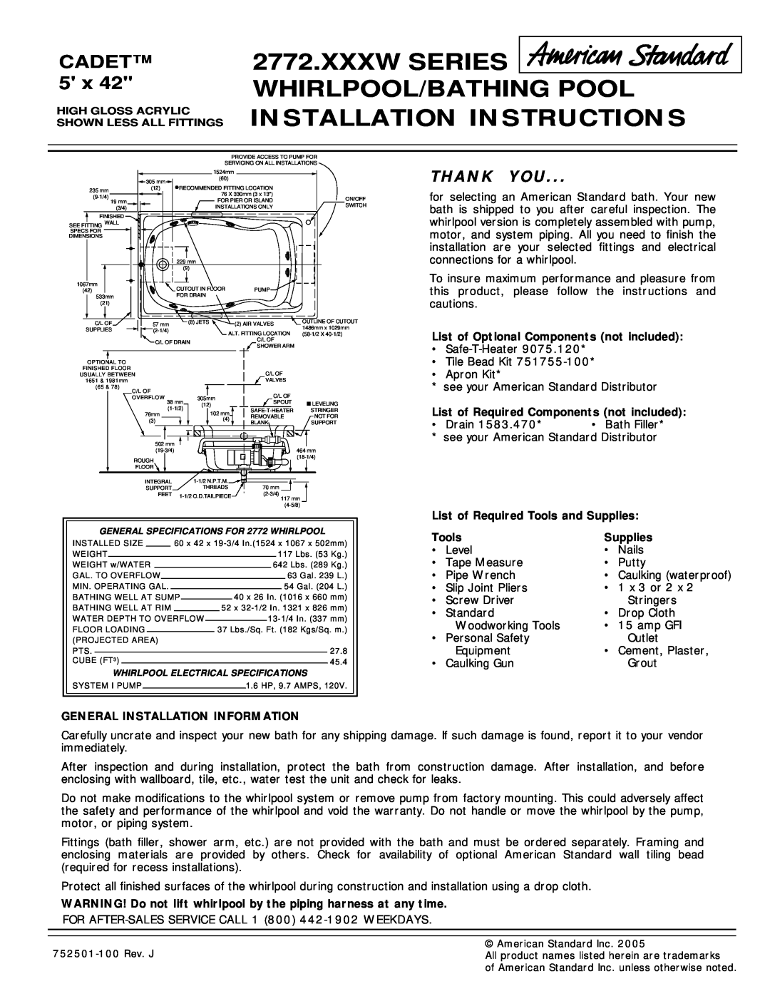 American Standard 2772.XXXW installation instructions Xxxw Series Whirlpool/Bathing Pool, Installation Instructions, Cadet 