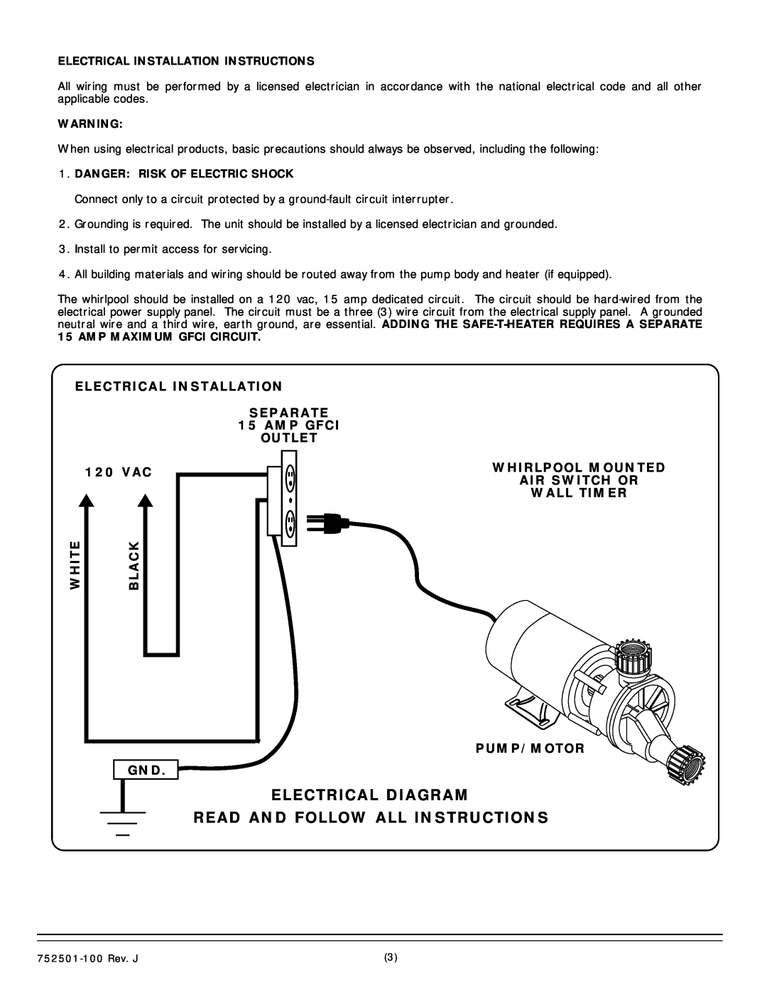 American Standard 2772.XXXW Electrical Diagram, Read And Follow All Instructions, Outlet, 120 VAC, Whirlpool Mounted 