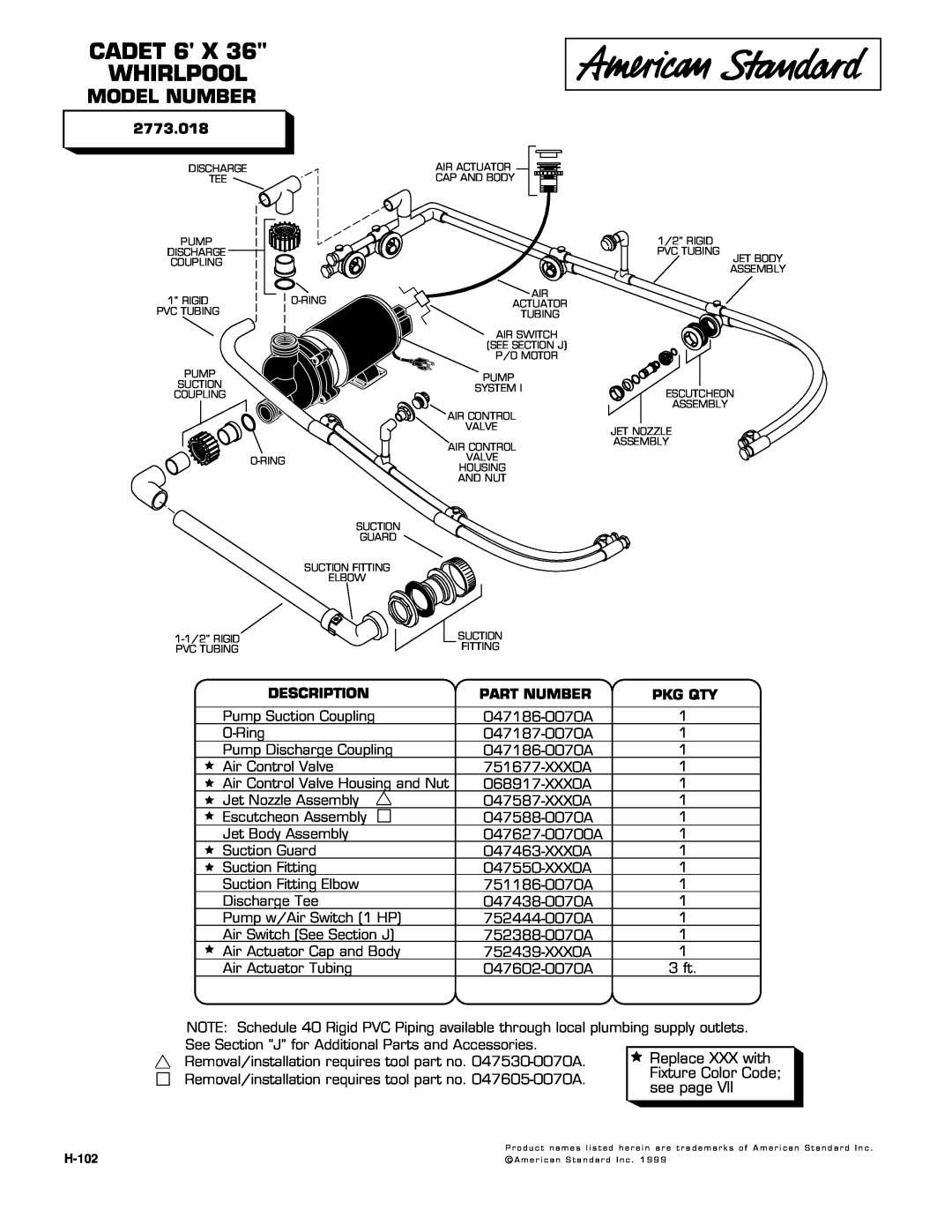 American Standard 2773.018 manual CADET 6 X WHIRLPOOL, Model Number, Description, Part Number, Pkg Qty 