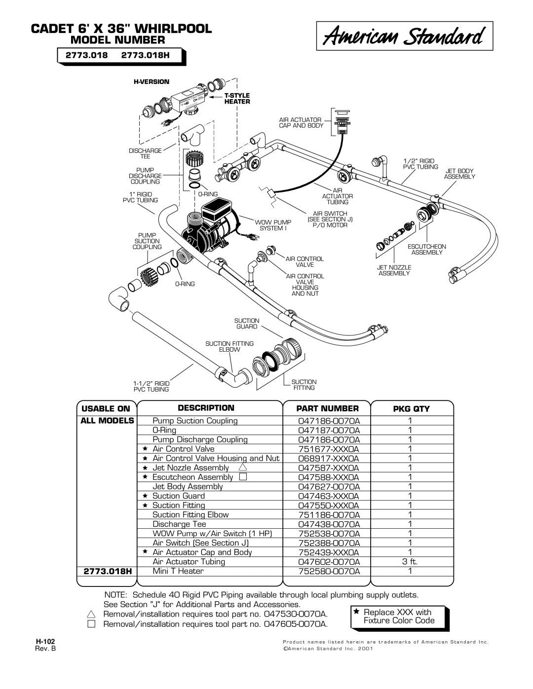 American Standard manual Cadet 6 X 36 Whirlpool, Model Number, 2773.018 2773.018H 