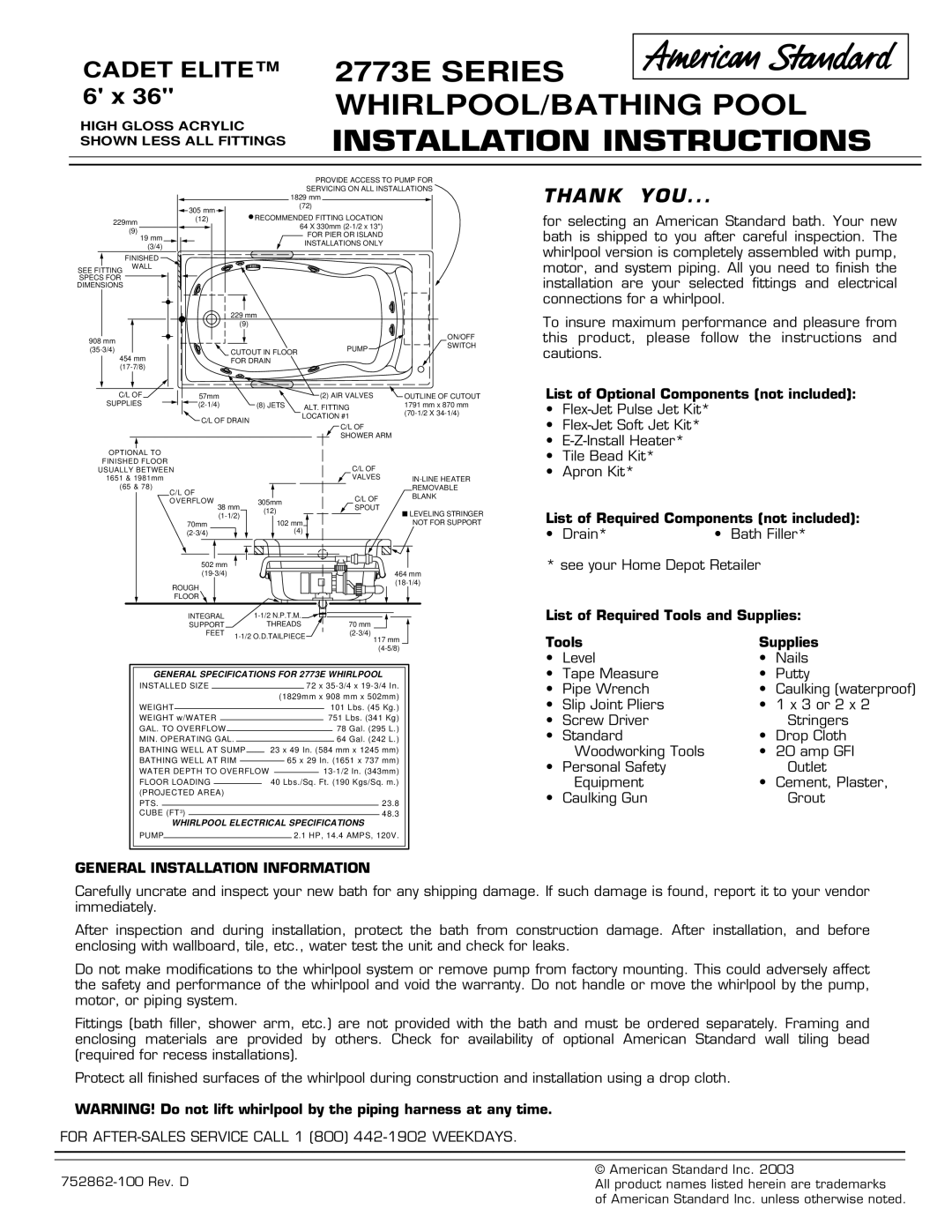 American Standard 2773E Series installation instructions Thank YOU, General Installation Information 