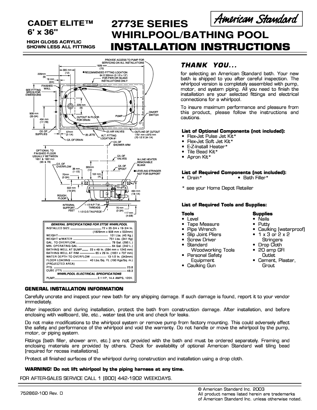 American Standard 2773E Series installation instructions 2773E SERIES WHIRLPOOL/BATHING POOL, Installation Instructions 