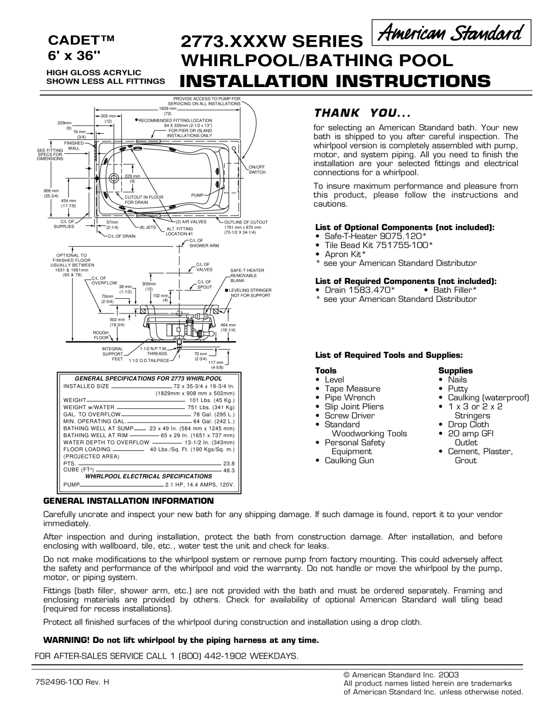 American Standard 2773.XXXW Series installation instructions Thank YOU, General Installation Information 