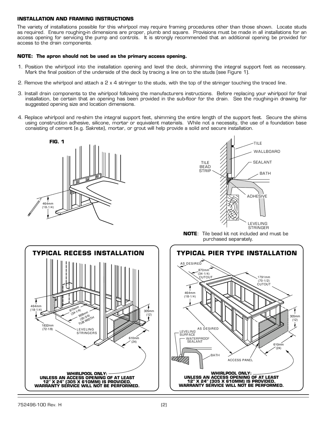 American Standard 2773.XXXW Series Typical Recess Installation, Installation and Framing Instructions 