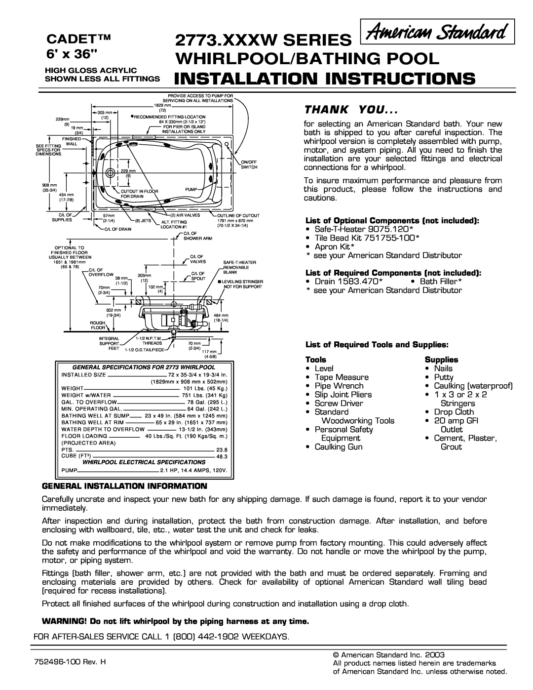 American Standard 2773.XXXW Series installation instructions Xxxw Series Whirlpool/Bathing Pool, Installation Instructions 