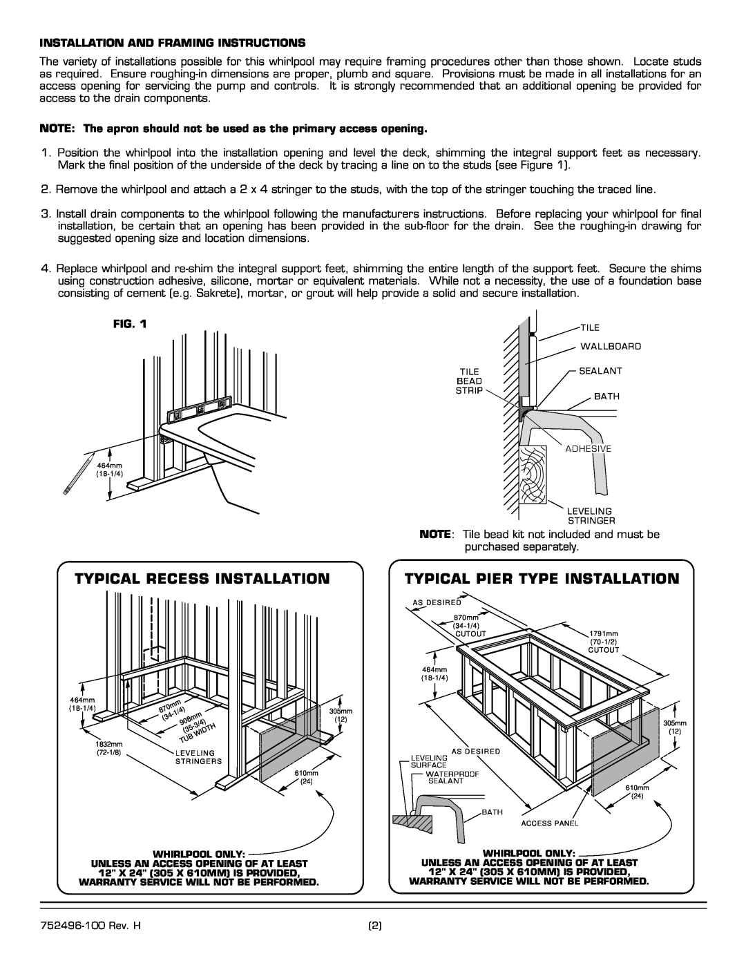American Standard 2773.XXXW Series installation instructions Typical Recess Installation, Typical Pier Type Installation 