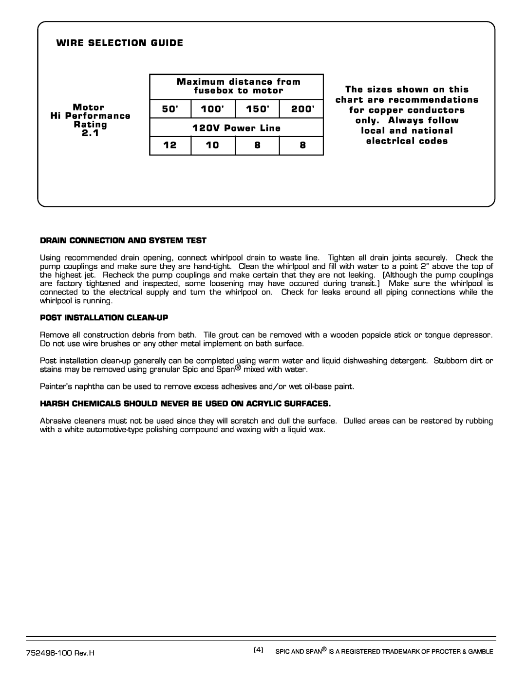 American Standard 2773.XXXW Series installation instructions Wire Selection Guide 