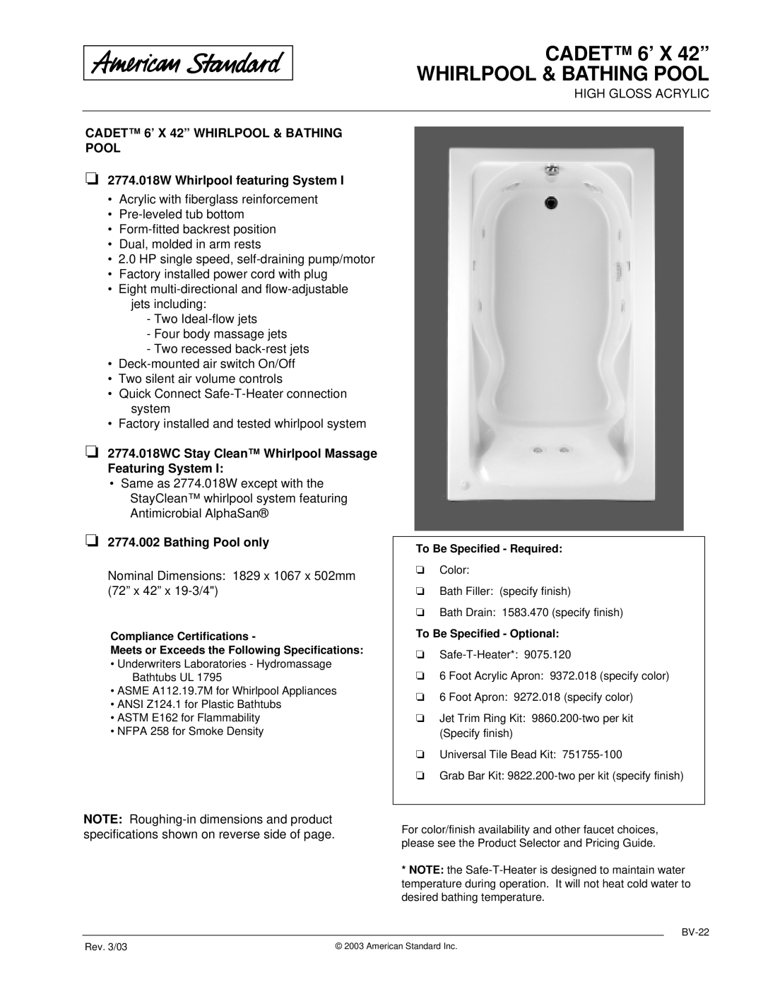 American Standard 2774.002 dimensions Cadet 6’ X 42 Whirlpool & Bathing Pool, 2774.018W Whirlpool featuring System 