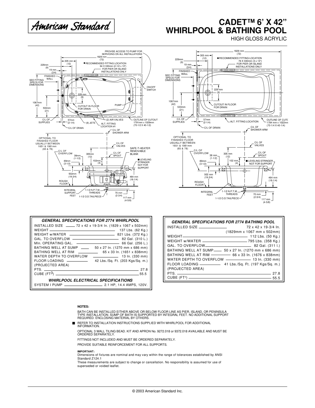 American Standard 2774.002, 2774.018WC General Specifications for 2774 Whirlpool, Whirlpool Electrical Specifications 