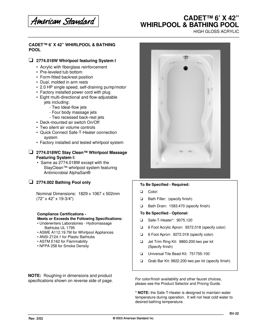 American Standard 2774.018WC dimensions CADET 6’ X 42” WHIRLPOOL & BATHING POOL, 2774.018W Whirlpool featuring System 