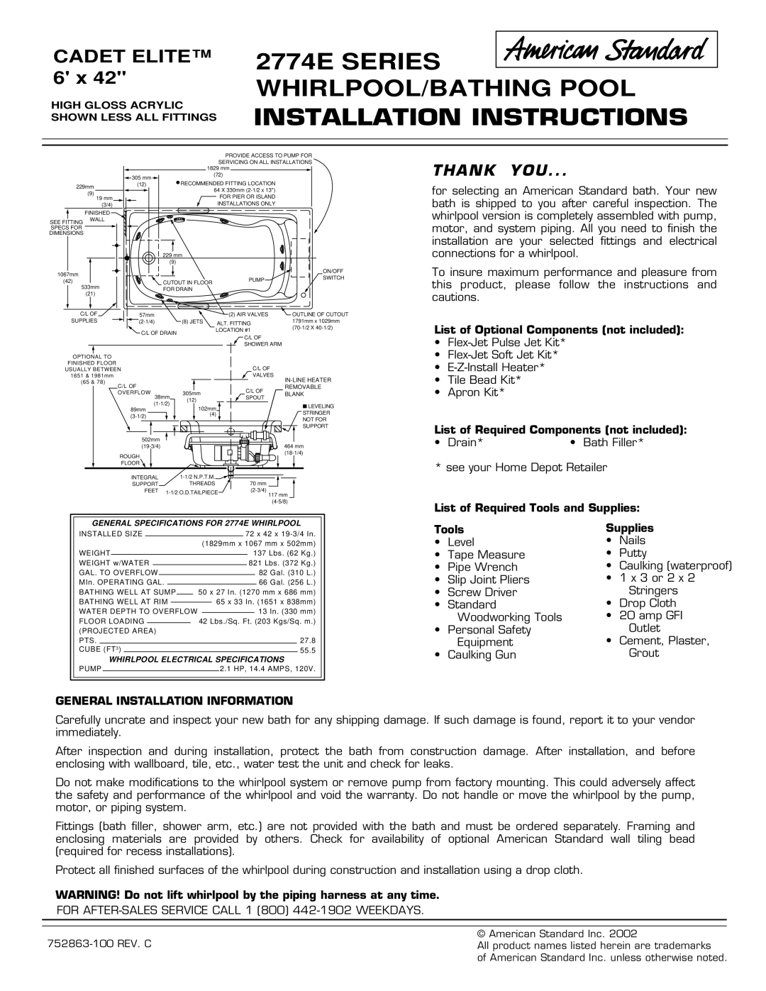 American Standard 2774E SERIES installation instructions Thank YOU, General Installation Information 