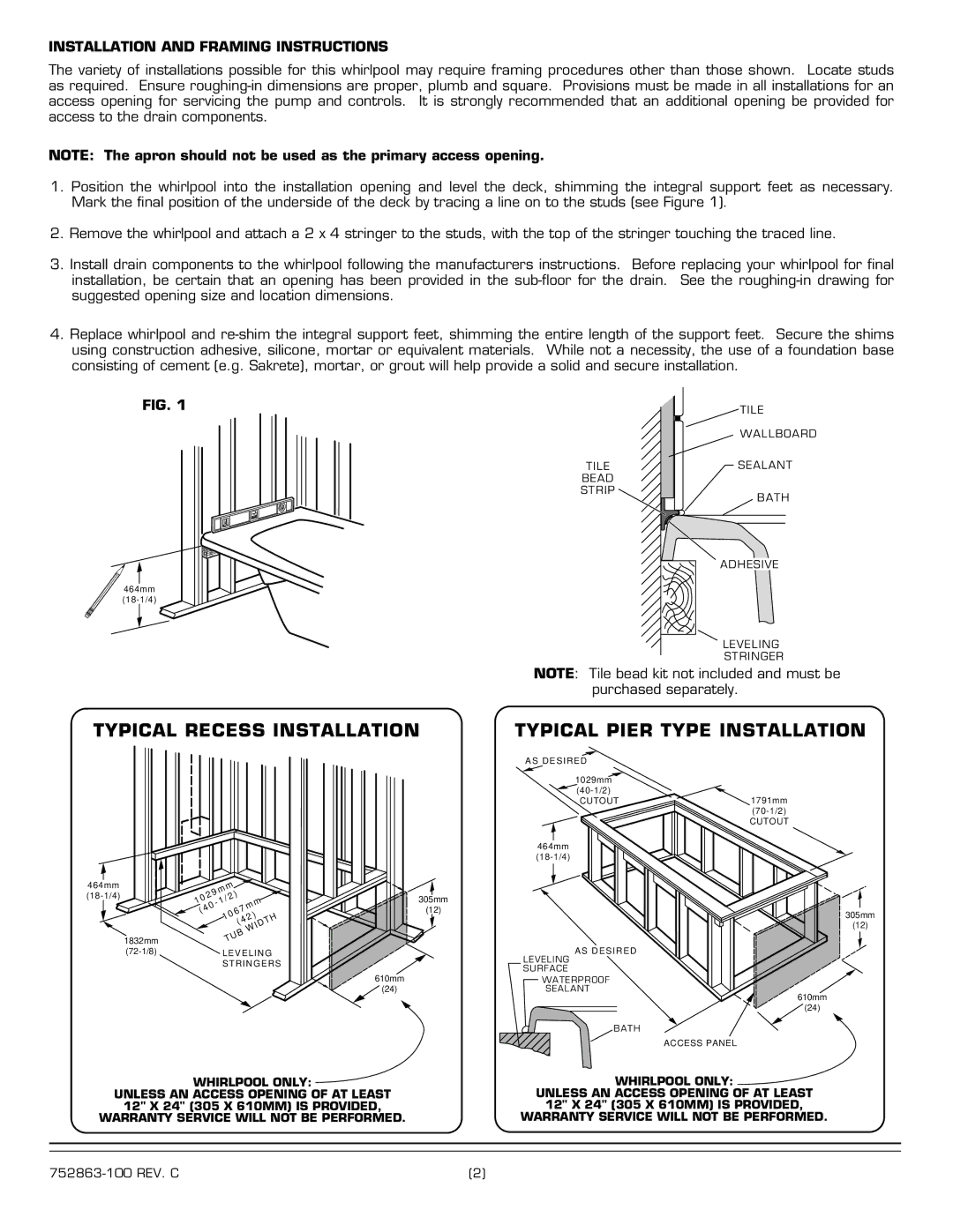 American Standard 2774E SERIES installation instructions Typical Recess Installation, Installation and Framing Instructions 