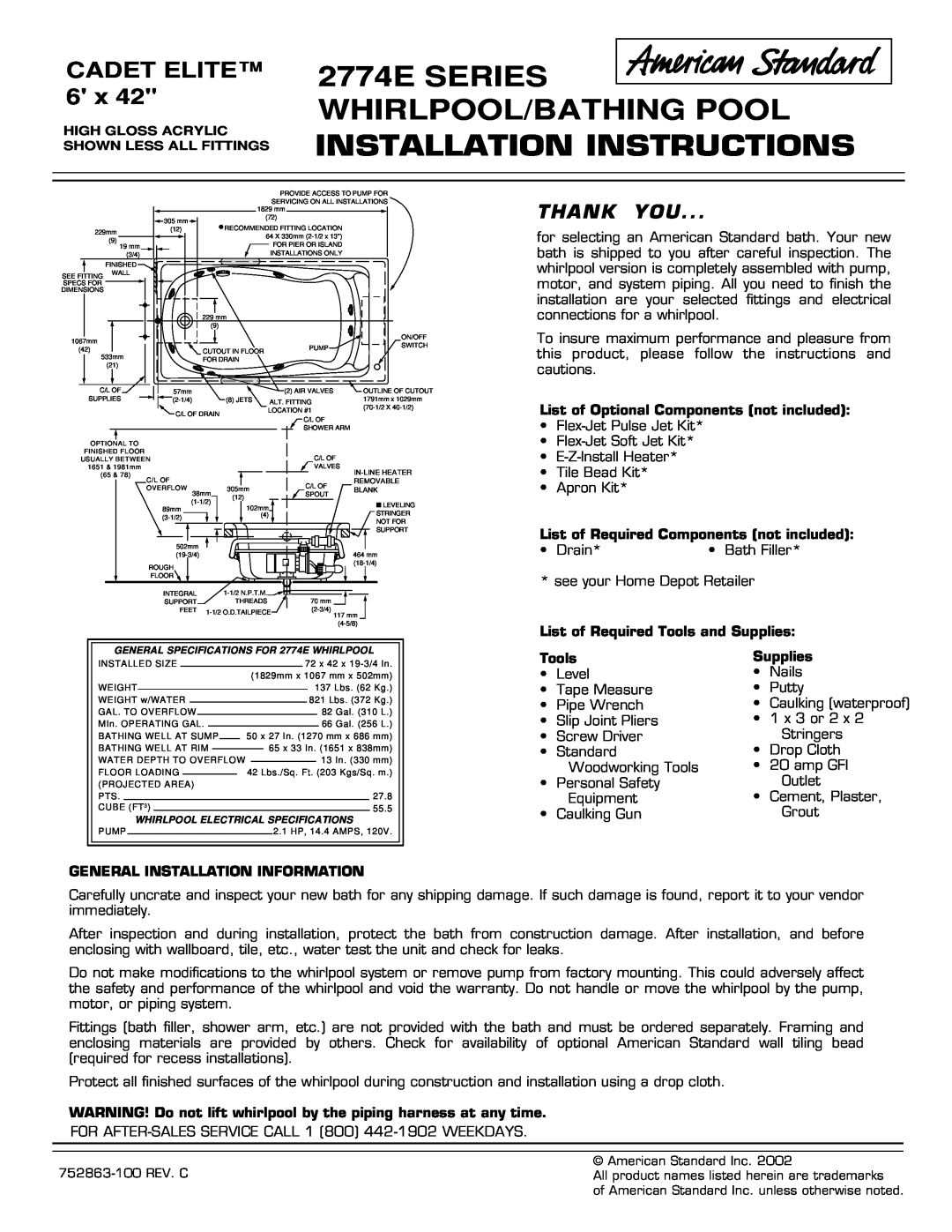American Standard installation instructions 2774E SERIES WHIRLPOOL/BATHING POOL, Installation Instructions, Cadet Elite 